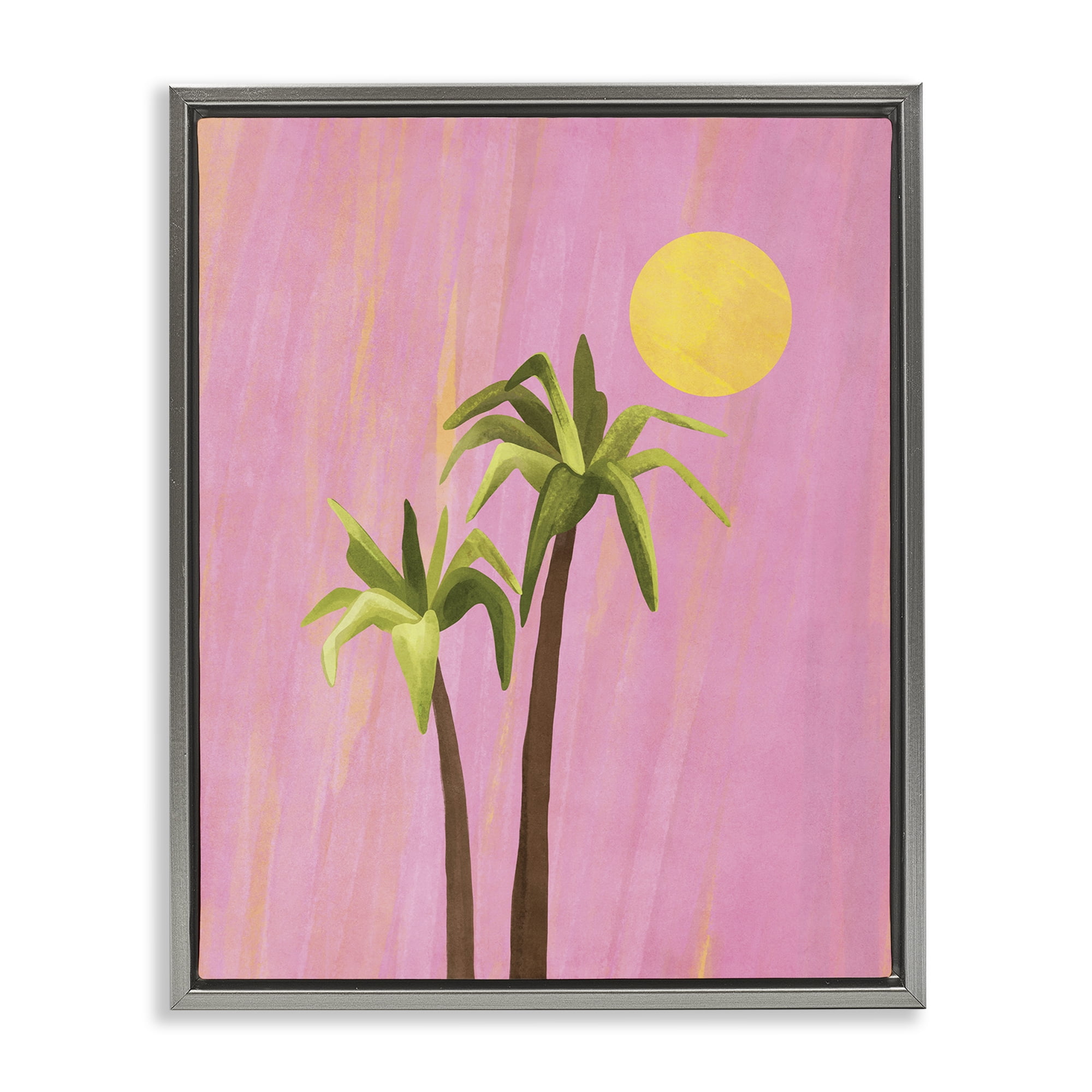 Stupell Industries Sunny Palm Trees Pink Plants & Flowers Painting Gray Floater Framed Canvas Art Print Wall Art, 17 x 21