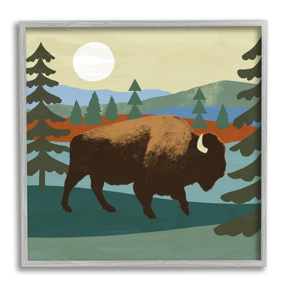 Stupell Industries Sunny Wild Bison Woodlands Lake Trees Collage Graphic Art Gray Framed Art Print Wall Art, 17x17, by Victoria Barnes