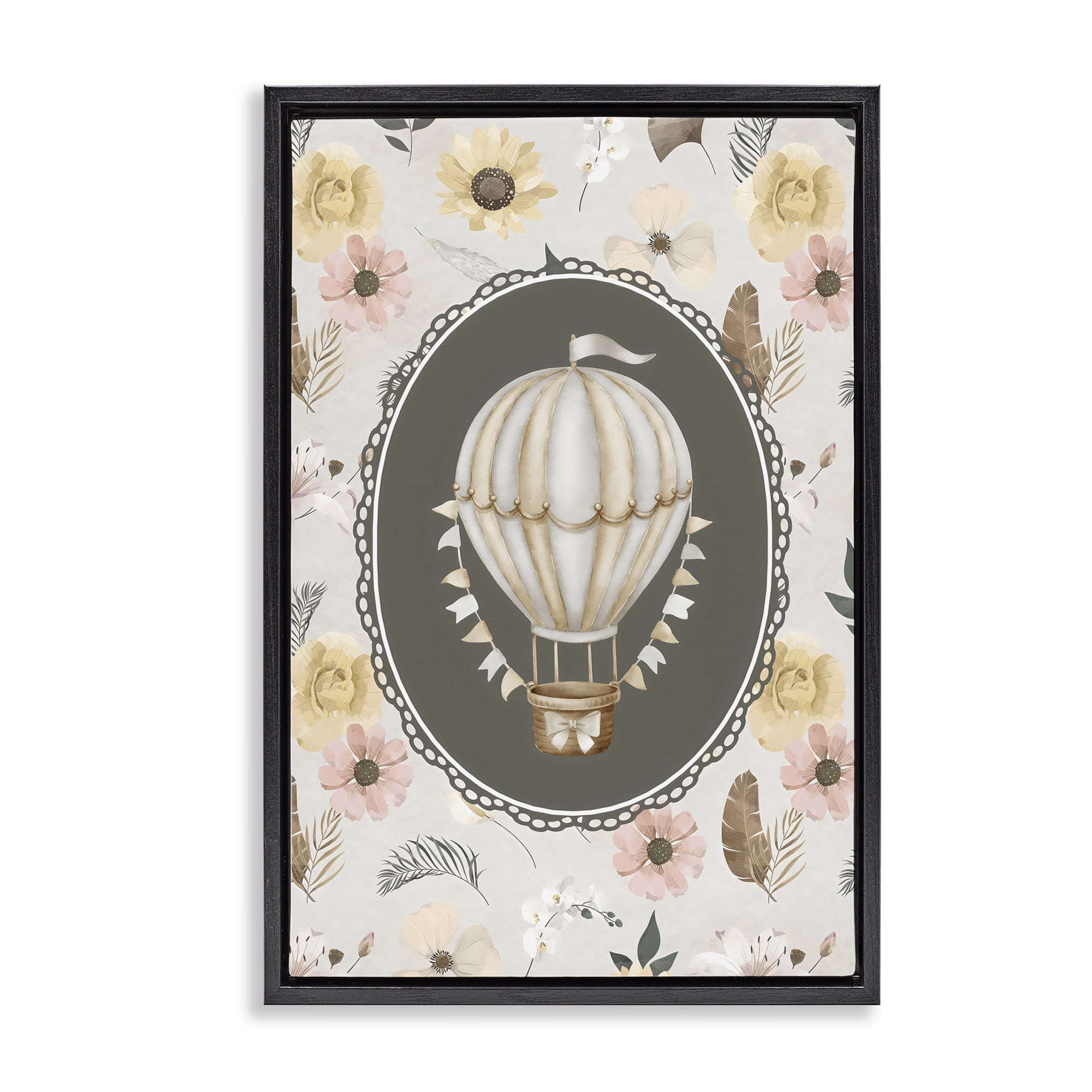 Stupell Industries Sunnyside Balloon over Florals Black Framed Floater Canvas Wall Art, design by Ink Drop Loft