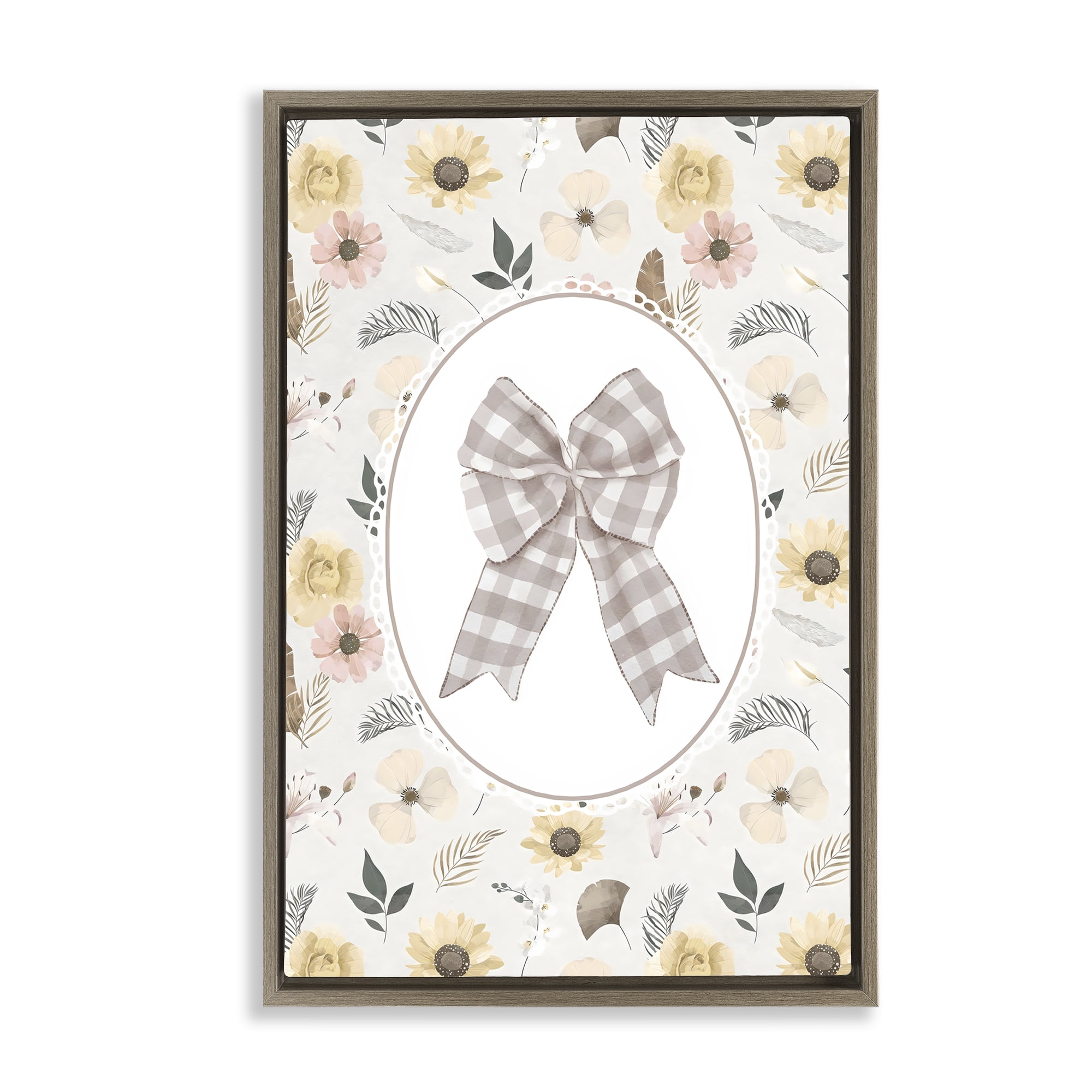 Stupell Industries Sunnyside Bow in Gingham Brown Framed Floater Canvas Wall Art, design by Ink Drop Loft