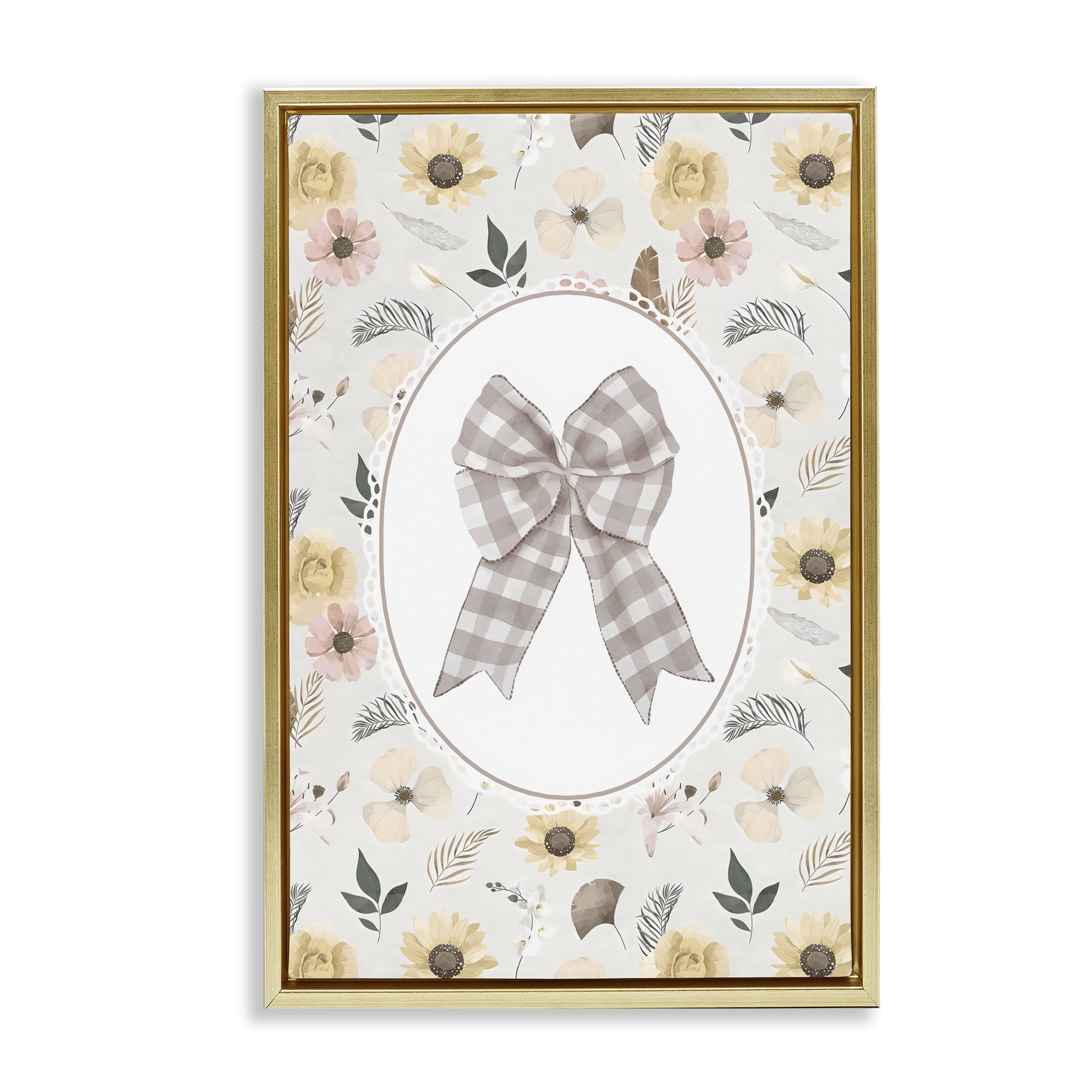 Stupell Industries Sunnyside Bow in Gingham Gold Framed Floater Canvas Wall Art, design by Ink Drop Loft