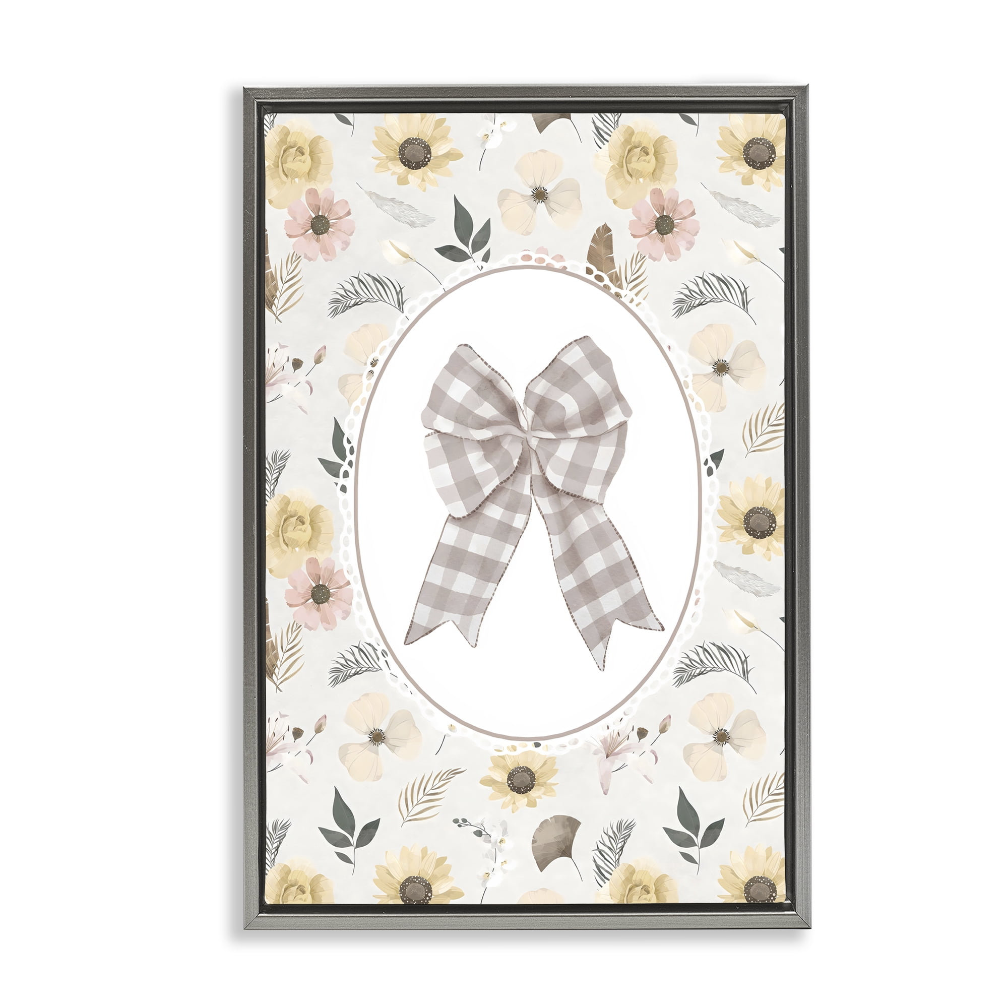 Stupell Industries Sunnyside Bow in Gingham Gray Framed Floater Canvas Wall Art, design by Ink Drop Loft