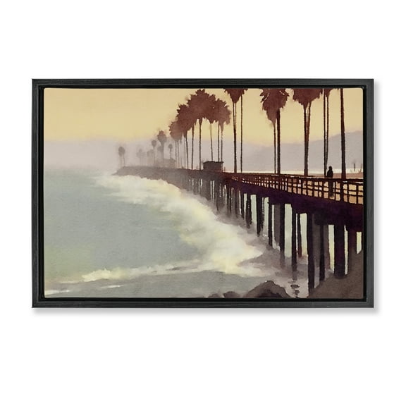 Stupell Industries Sunrise At The Pier Nautical & Beach Painting Black Floater Framed Canvas Art Print Wall Art, 25 x 17