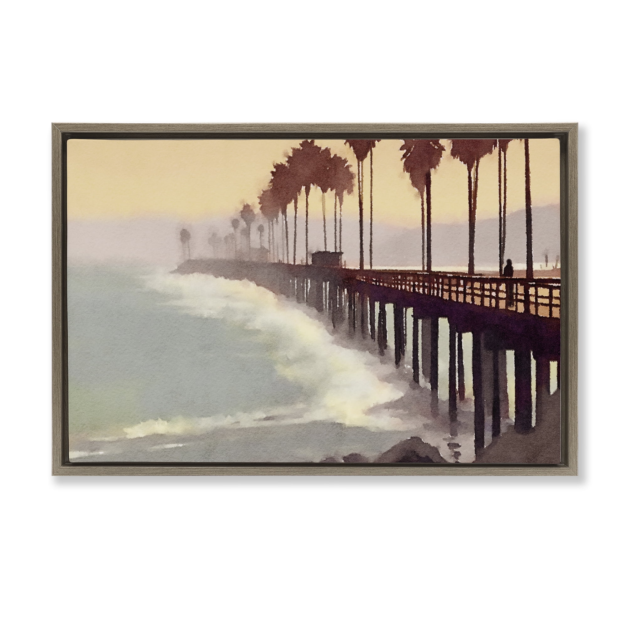 Stupell Industries Sunrise At The Pier Nautical & Beach Painting Brown Floater Framed Canvas Art Print Wall Art, 25 x 17