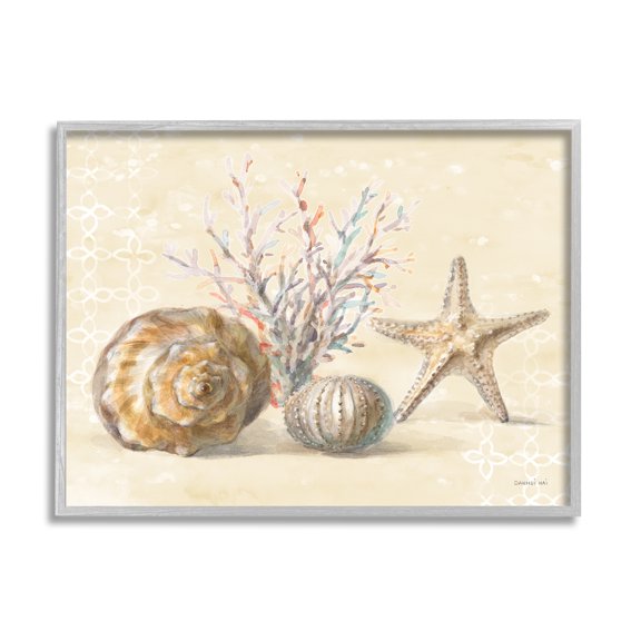 Stupell Industries Sunrise Beach Seashells Animals & Insects Painting Gray Framed Art Print Wall Art, 14 x 11