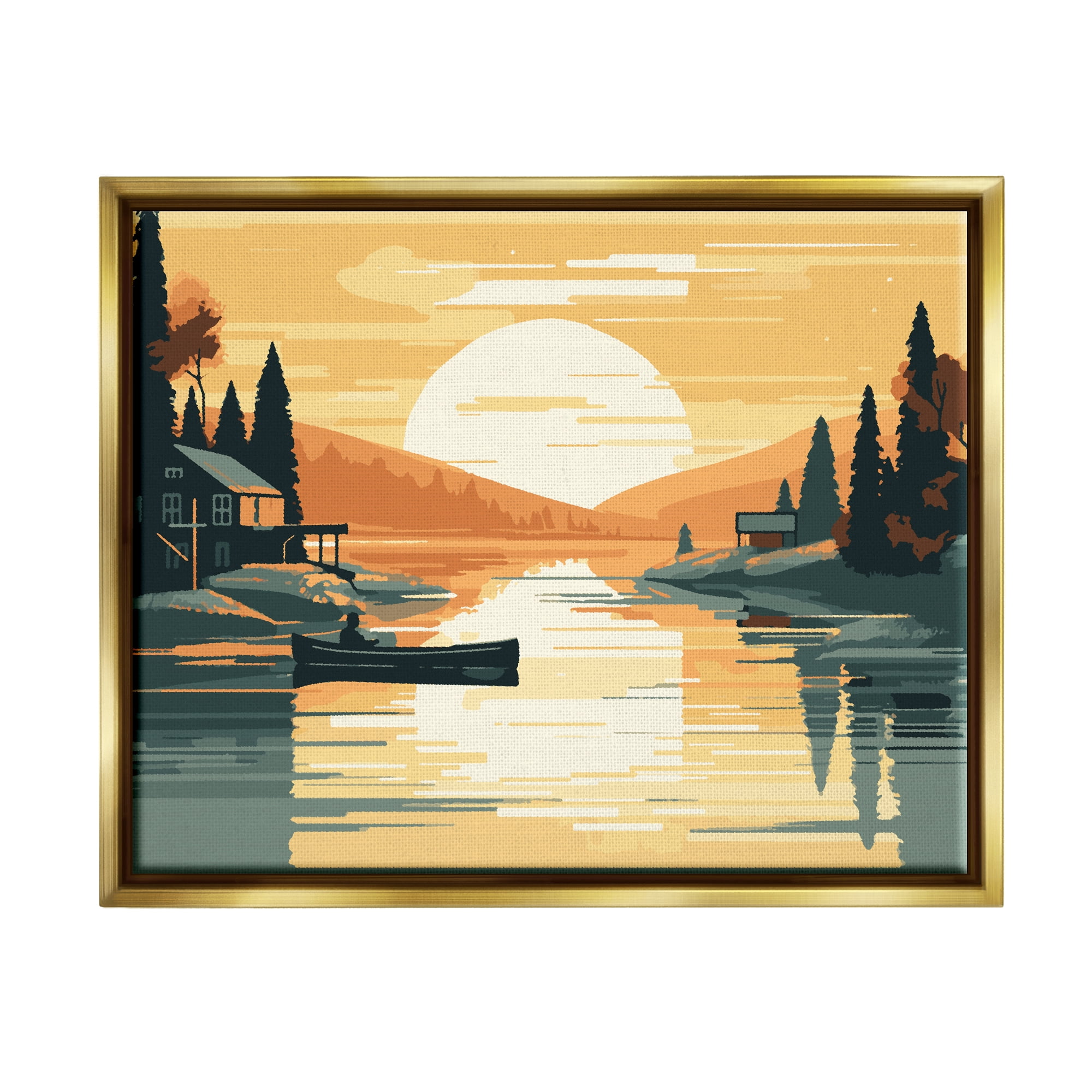 Stupell Industries Sunrise Lake Scenery Landscape Painting Gold Floater Framed Canvas Art Print Wall Art, 21 x 17