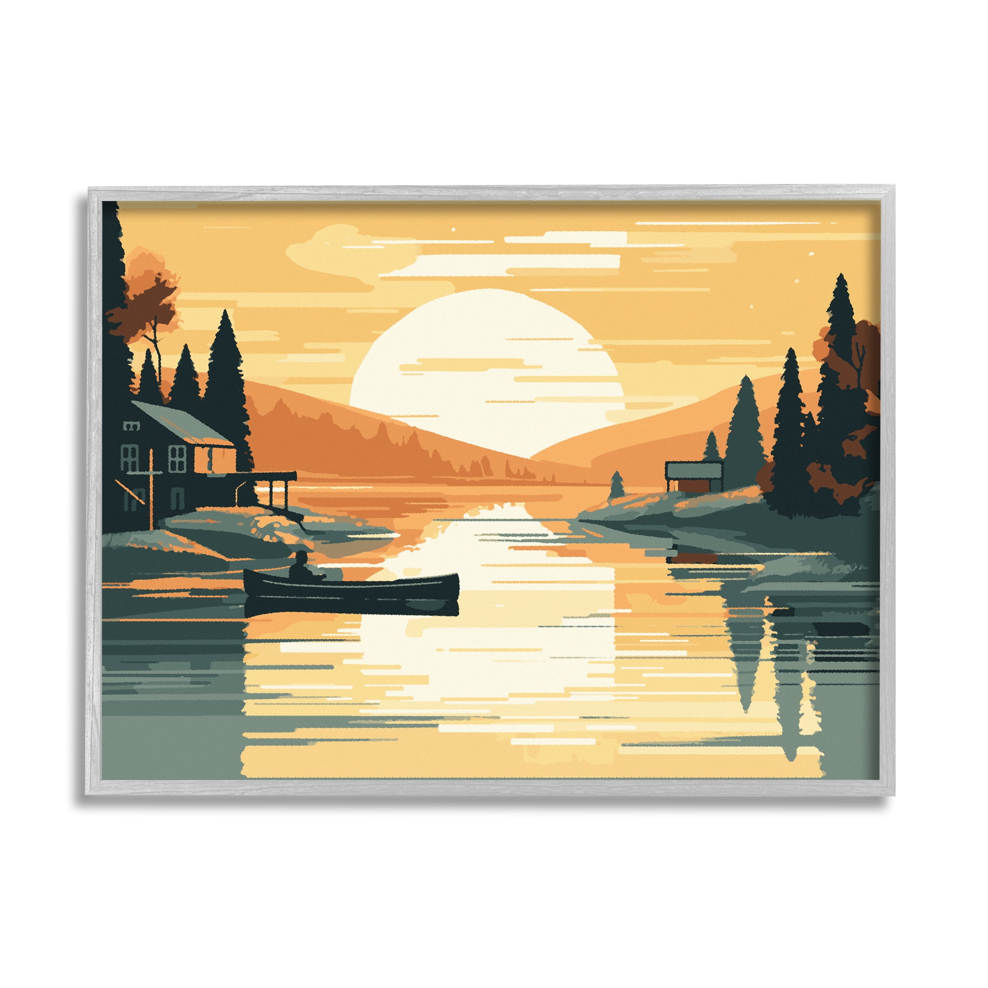 Stupell Industries Sunrise Lake Scenery Landscape Painting Gray Framed Art Print Wall Art, 20 x 16