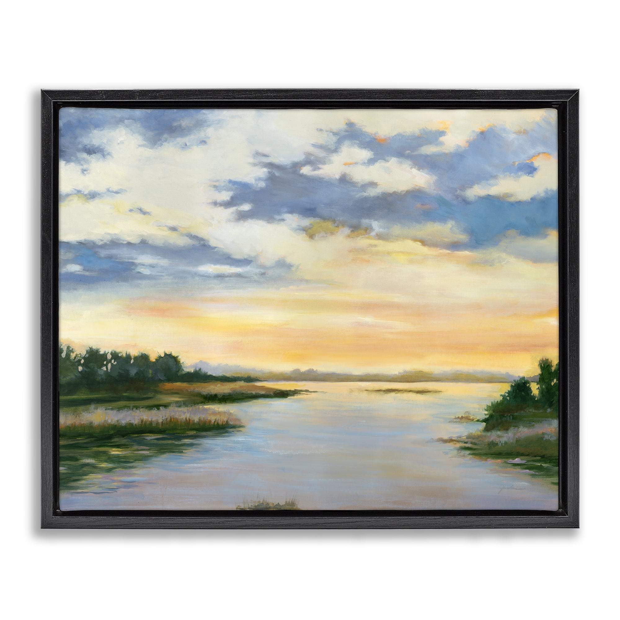 Stupell Industries Sunrise Over Shallow Water Landscape & Nature Painting Black Floater Framed Canvas Art Print Wall Art, 31 x 25