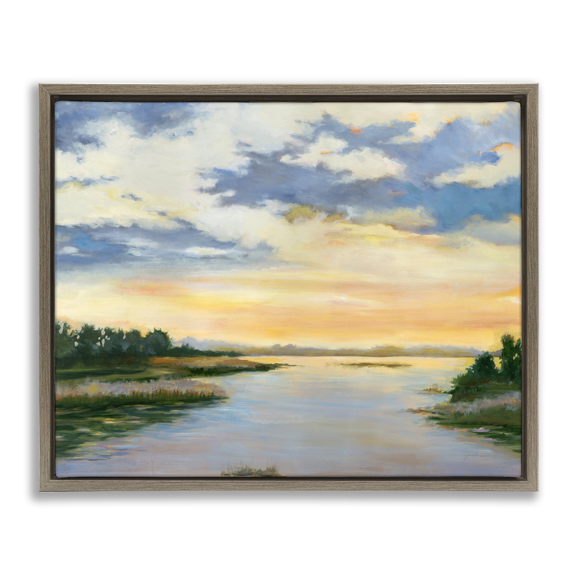 Stupell Industries Sunrise Over Shallow Water Landscape & Nature Painting Brown Floater Framed Canvas Art Print Wall Art, 31 x 25