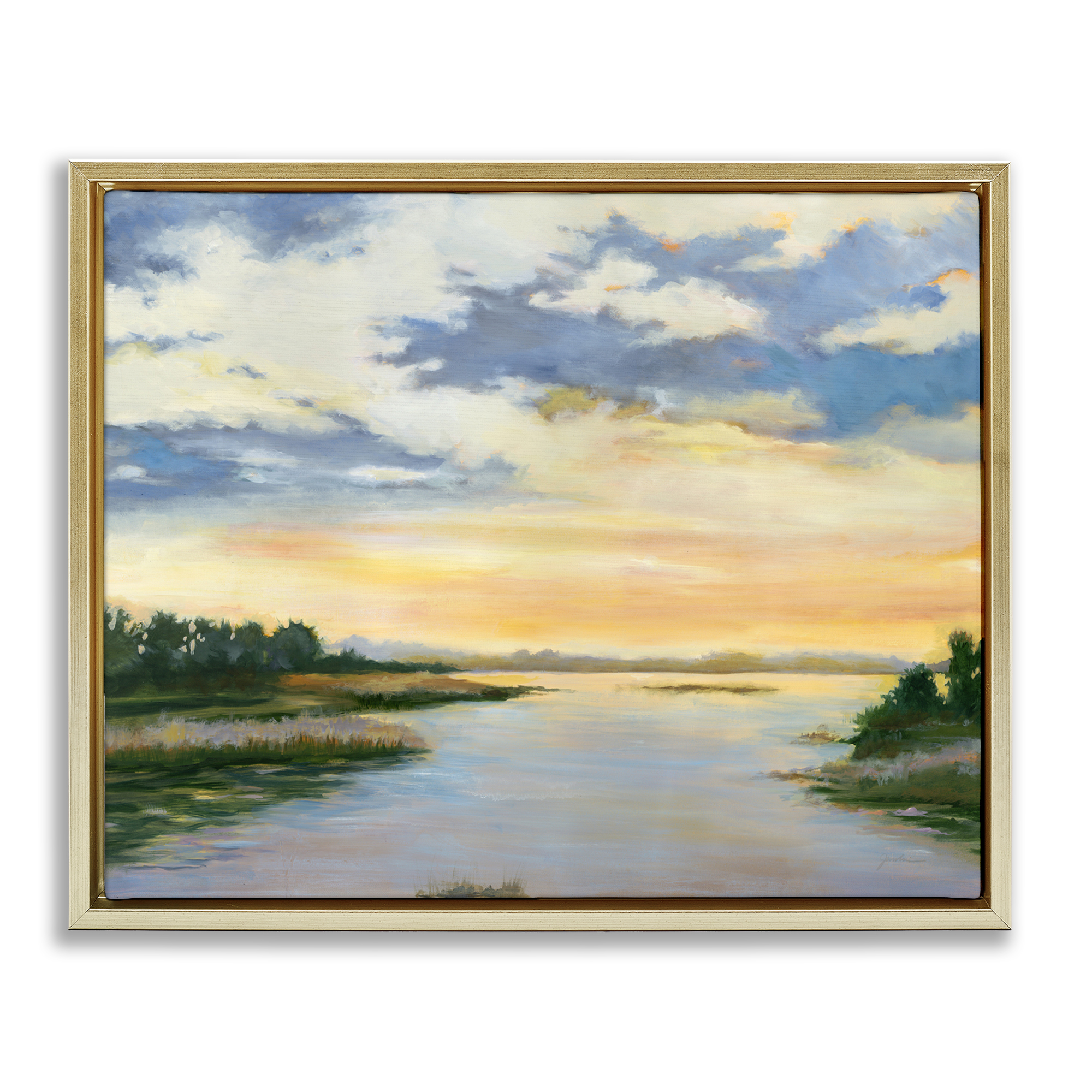 Stupell Industries Sunrise Over Shallow Water Landscape & Nature Painting Gold Floater Framed Canvas Art Print Wall Art, 21 x 17