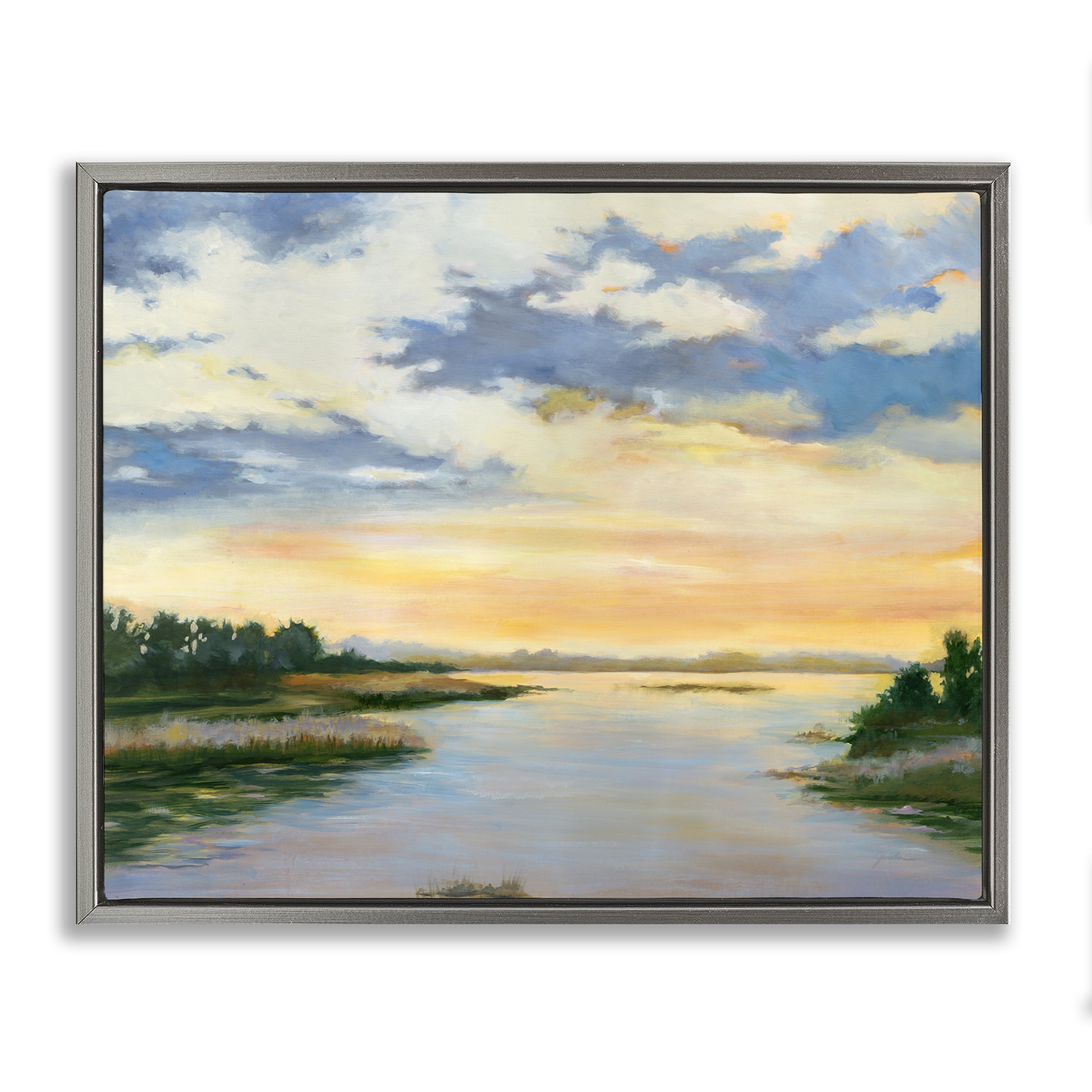 Stupell Industries Sunrise Over Shallow Water Landscape & Nature Painting Gray Floater Framed Canvas Art Print Wall Art, 21 x 17