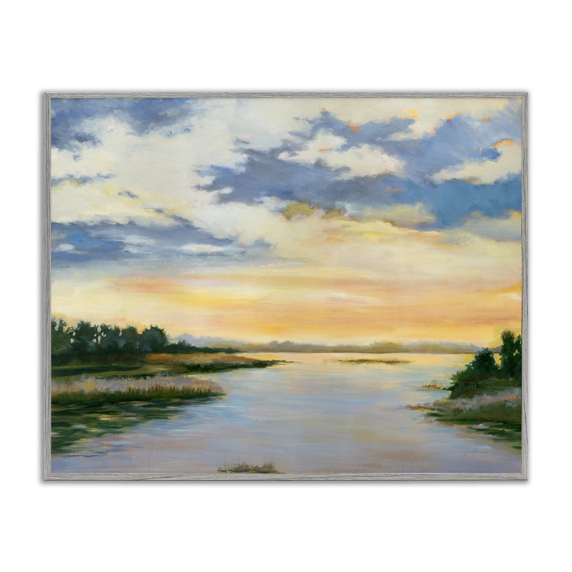 Stupell Industries Sunrise Over Shallow Water Landscape & Nature Painting Gray Framed Art Print Wall Art, 14 x 11