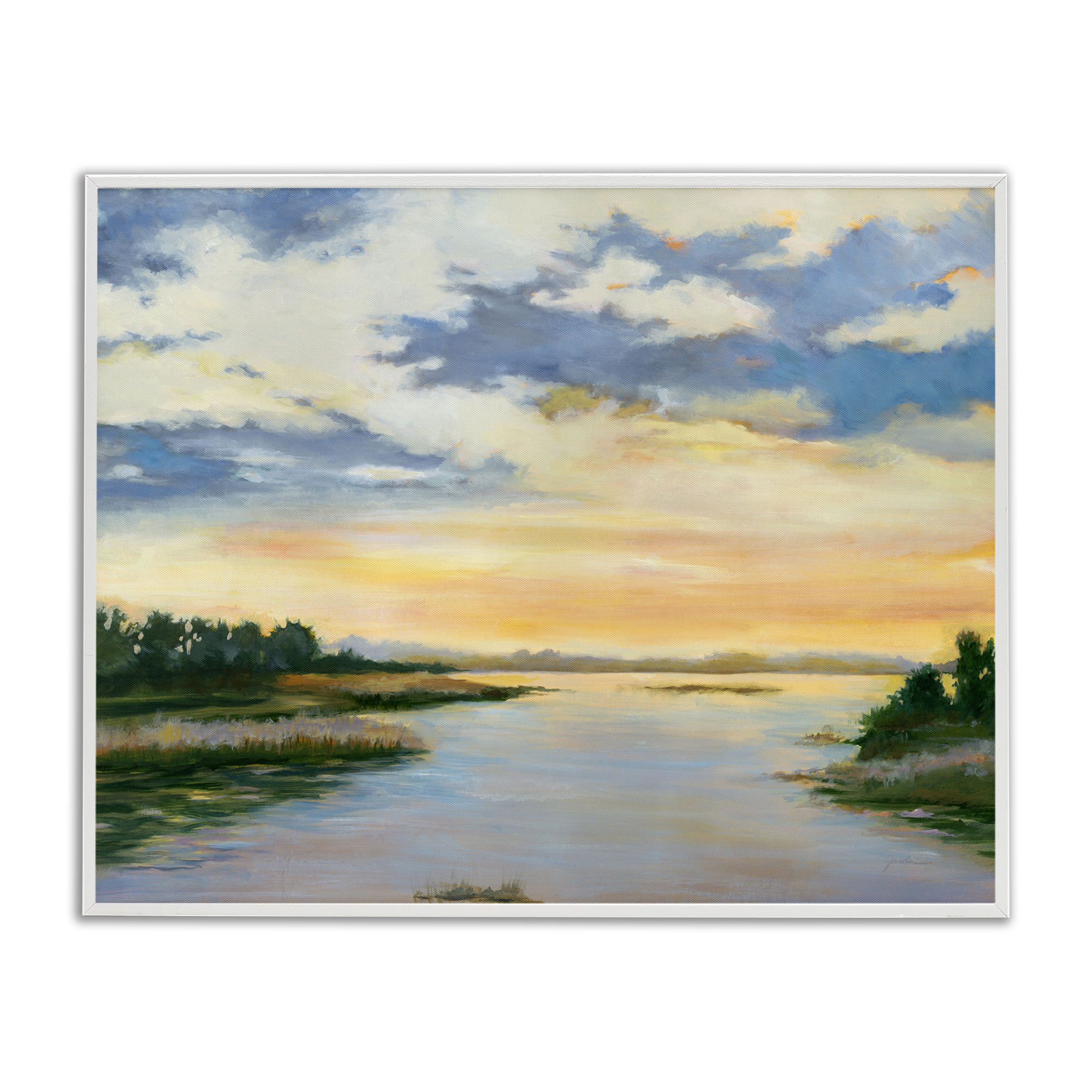 Stupell Industries Sunrise Over Shallow Water Landscape & Nature Painting White Framed Art Print Wall Art, 14 x 11