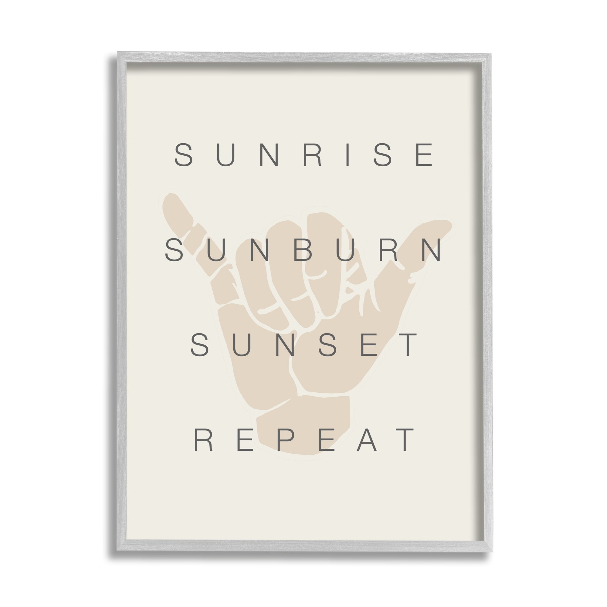Stupell Industries Sunrise Sunburn Sunset Repeat Beach Phrase Shaka Hand Graphic Art Gray Framed Art Print Wall Art, 16x20, by Daphne Polselli