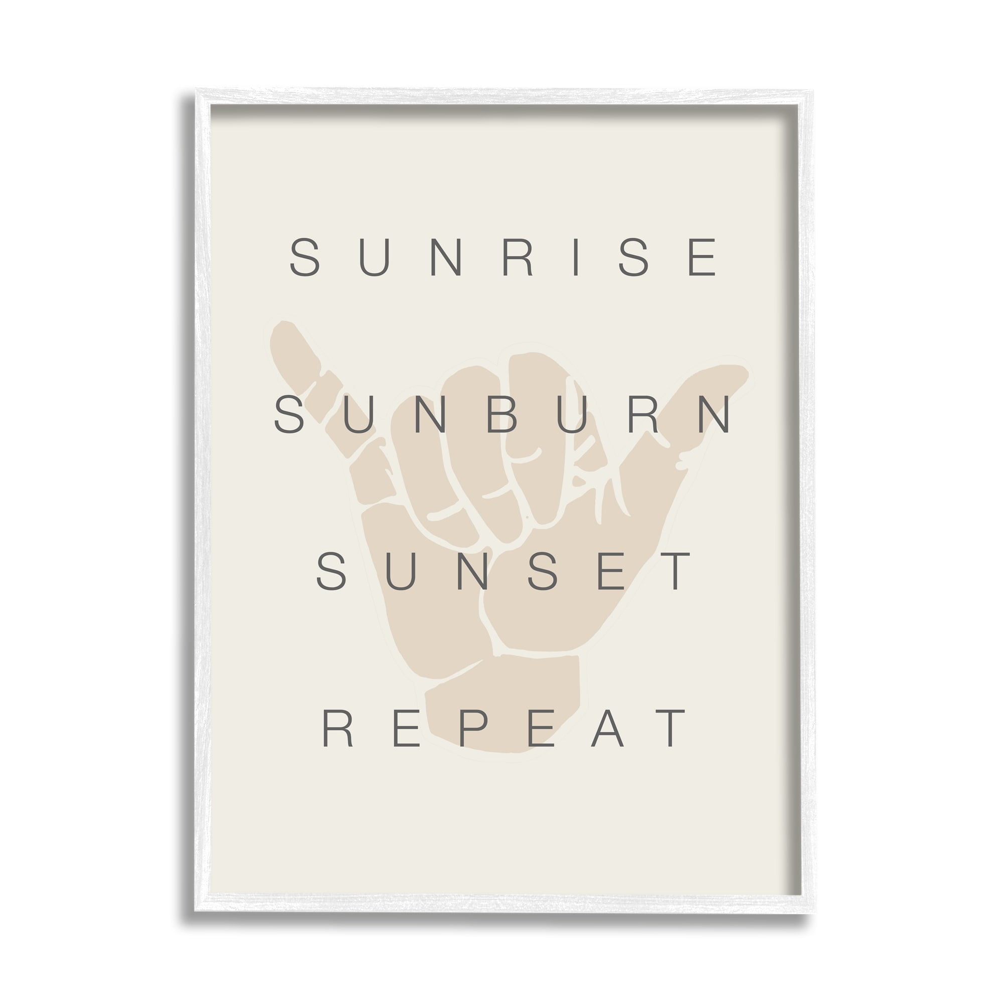 Stupell Industries Sunrise Sunburn Sunset Repeat Beach Phrase Shaka Hand Graphic Art White Framed Art Print Wall Art, 16x20, by Daphne Polselli