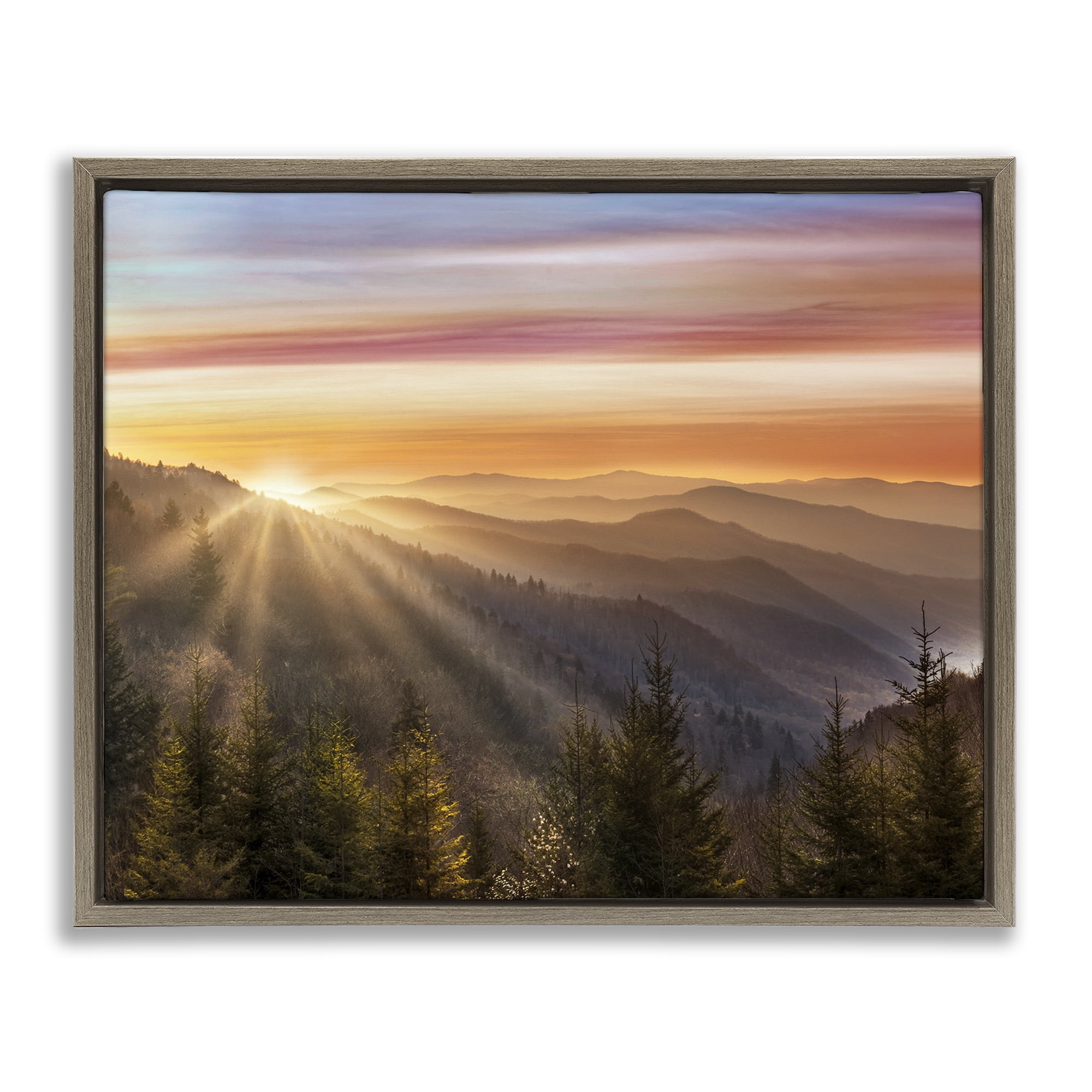 Sunrise Through Mountain Forest Skyline Brown Floating Frame Canvas Art, 31 x 25