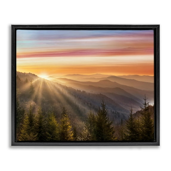 Sunrise Through Mountain Forest Skyline Black Floating Frame Canvas Art, 21 x 17, Made In USA