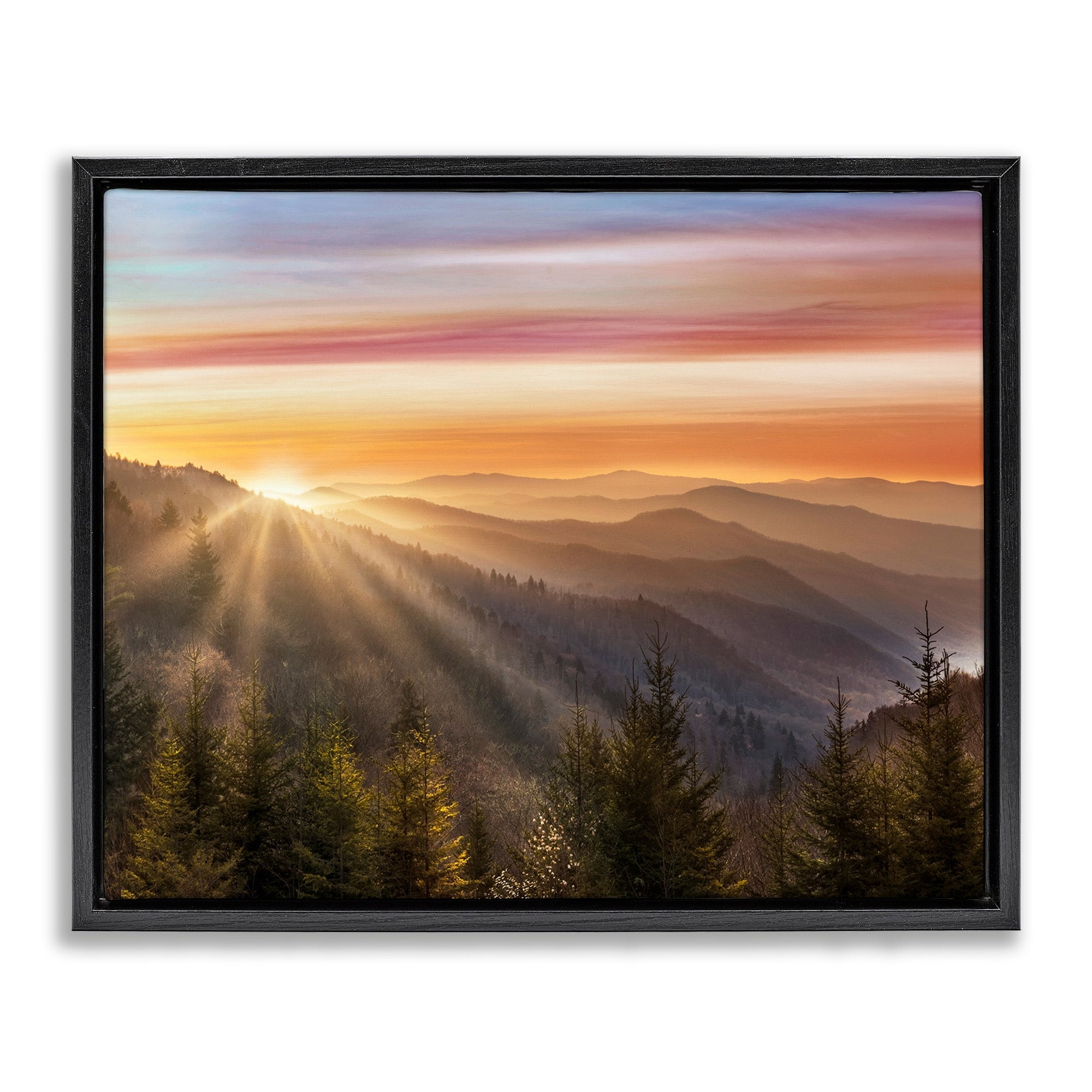 Stupell Industries Sunrise Through Mountain Forest Skyline Warm Sky Jet Black Framed Floating Canvas Wall Art, 24x30, by Danita Delimont
