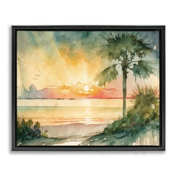 Stupell Industries Sunrise Through Palms Landscape & Nature Painting Black Floater Framed Canvas Art Print Wall Art, 21 x 17