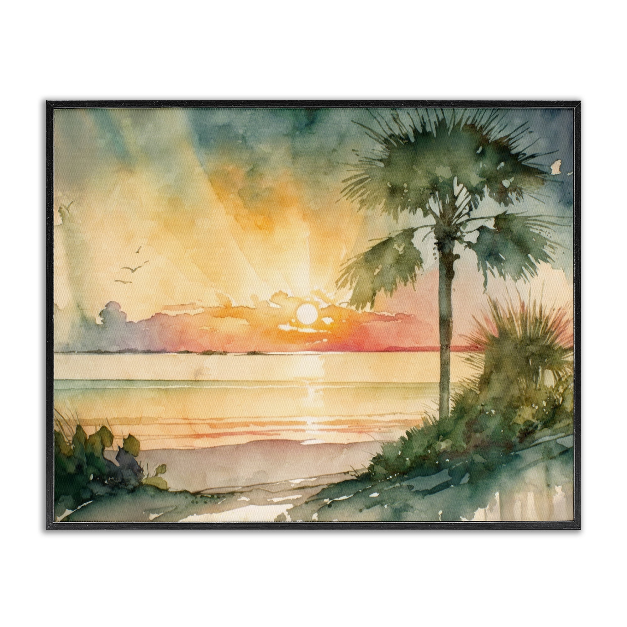 Stupell Industries Sunrise Through Palms Landscape & Nature Painting Black Framed Art Print Wall Art, 20 x 16