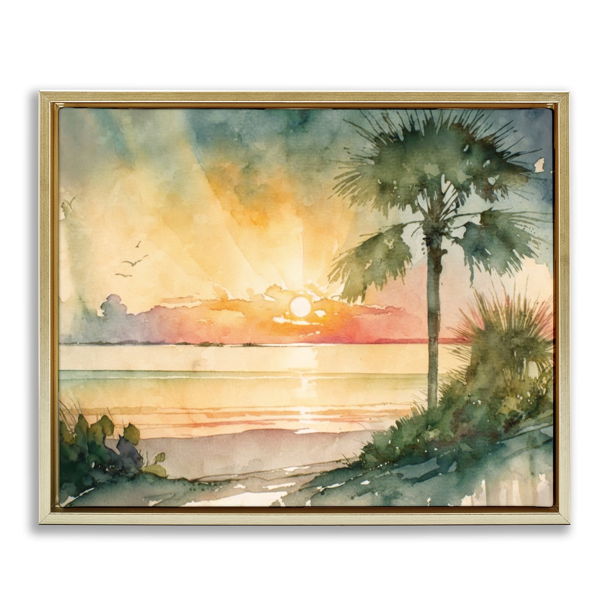 Stupell Industries Sunrise Through Palms Landscape & Nature Painting Gold Floater Framed Canvas Art Print Wall Art, 21 x 17