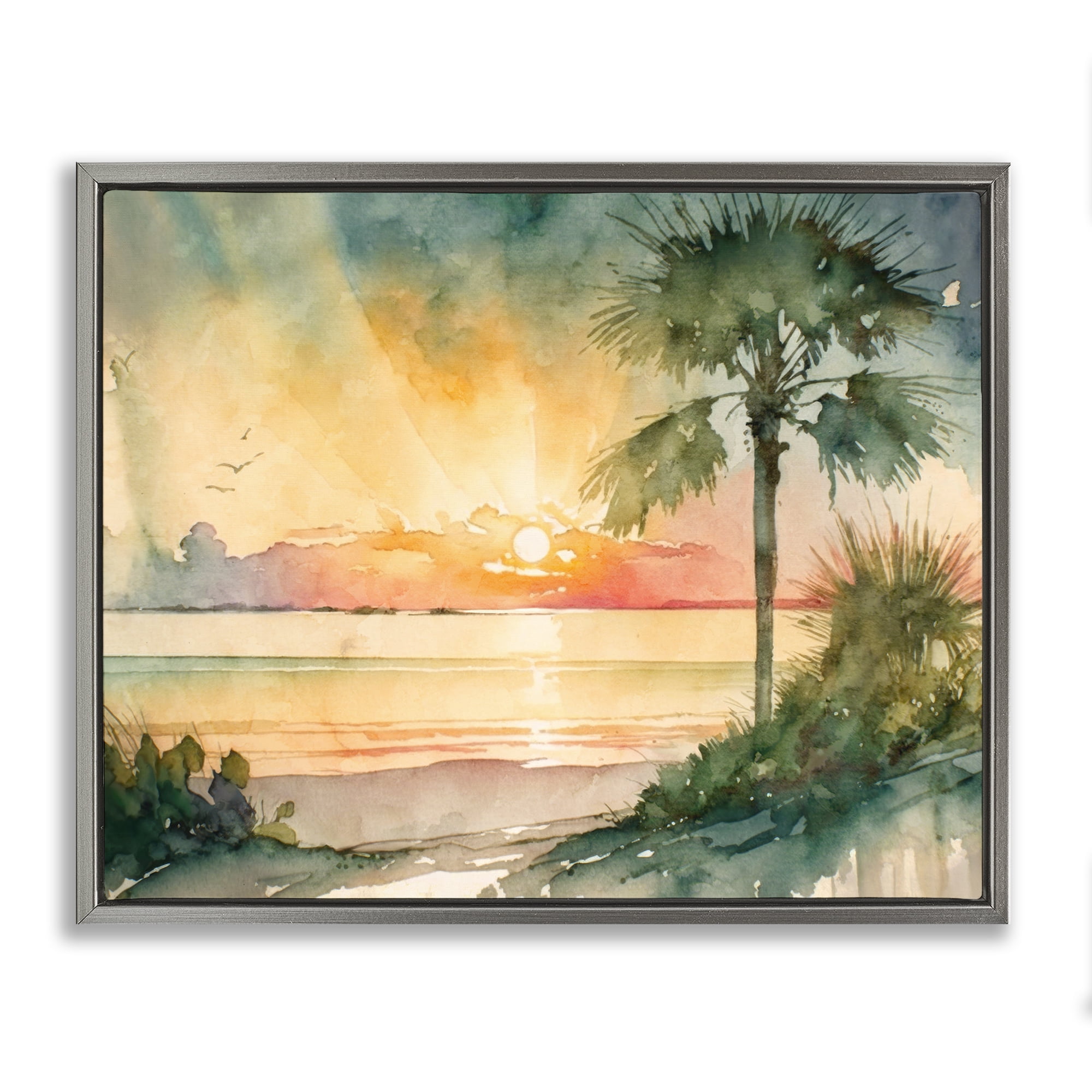 Stupell Industries Sunrise Through Palms Landscape & Nature Painting Gray Floater Framed Canvas Art Print Wall Art, 31 x 25