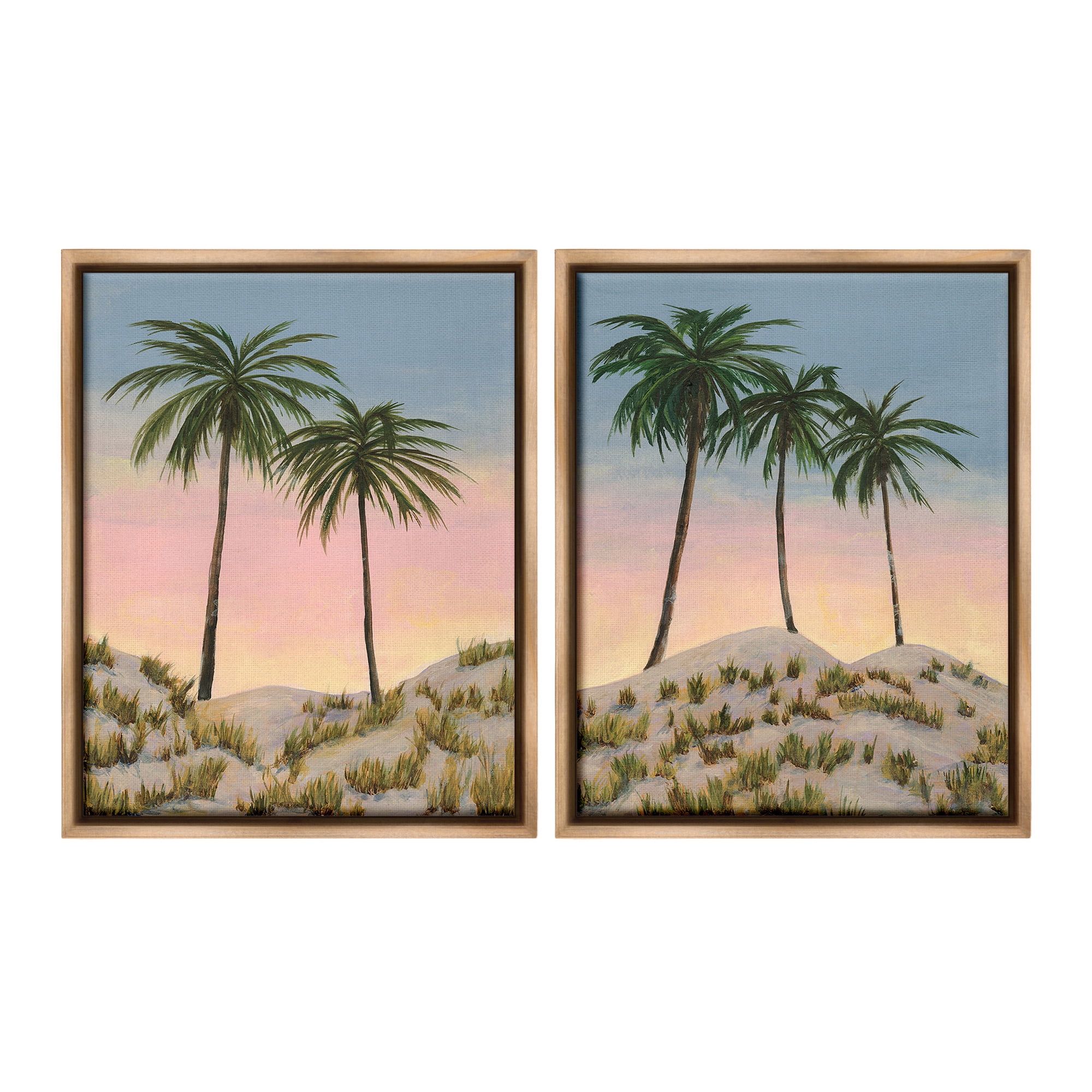 Stupell Industries Sunrise Tropical Scene Landscape Painting Brown Floater Framed Canvas Art Print Wall Art, 25 x 31, Set of 2