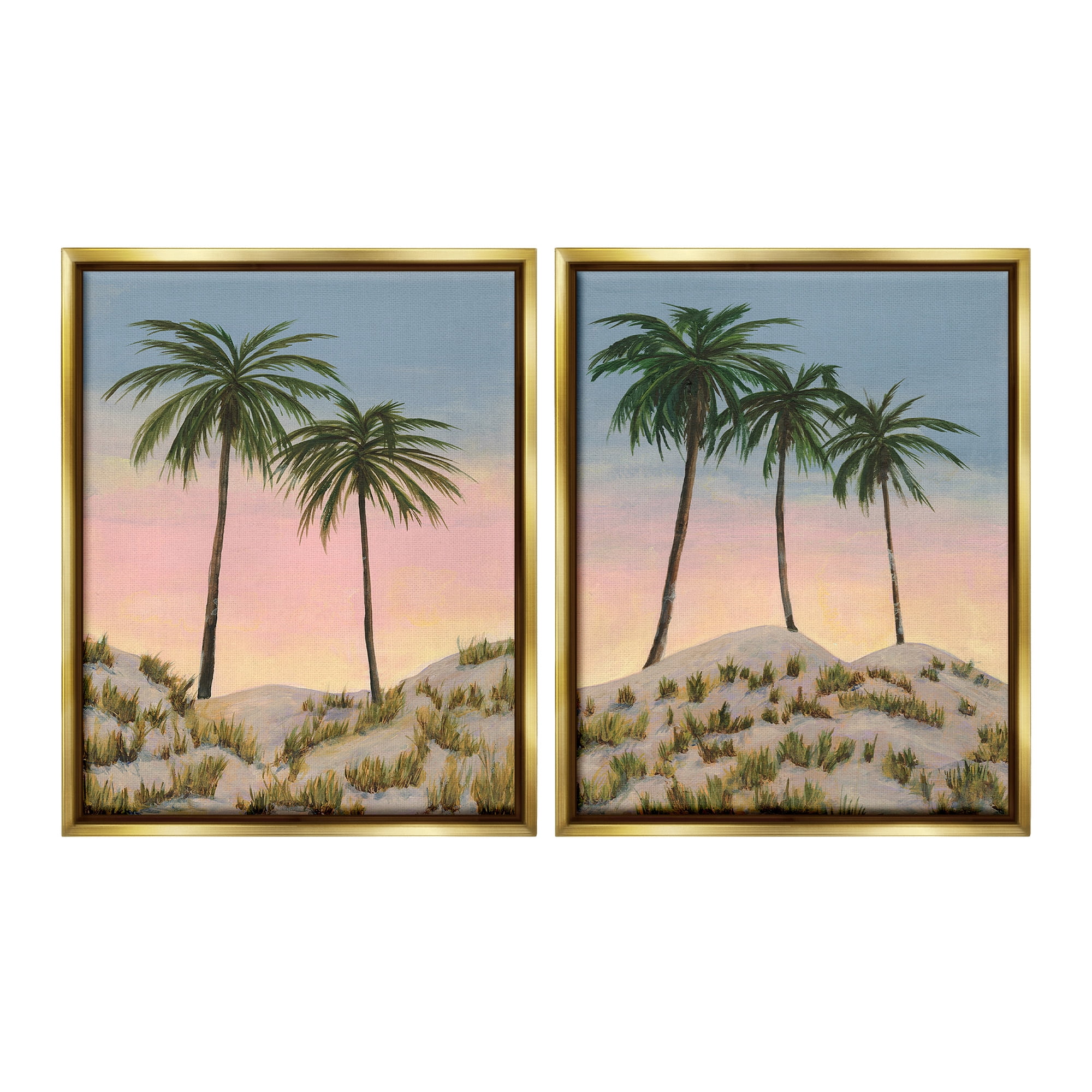 Stupell Industries Sunrise Tropical Scene Landscape Painting Gold Floater Framed Canvas Art Print Wall Art, 25 x 31, Set of 2