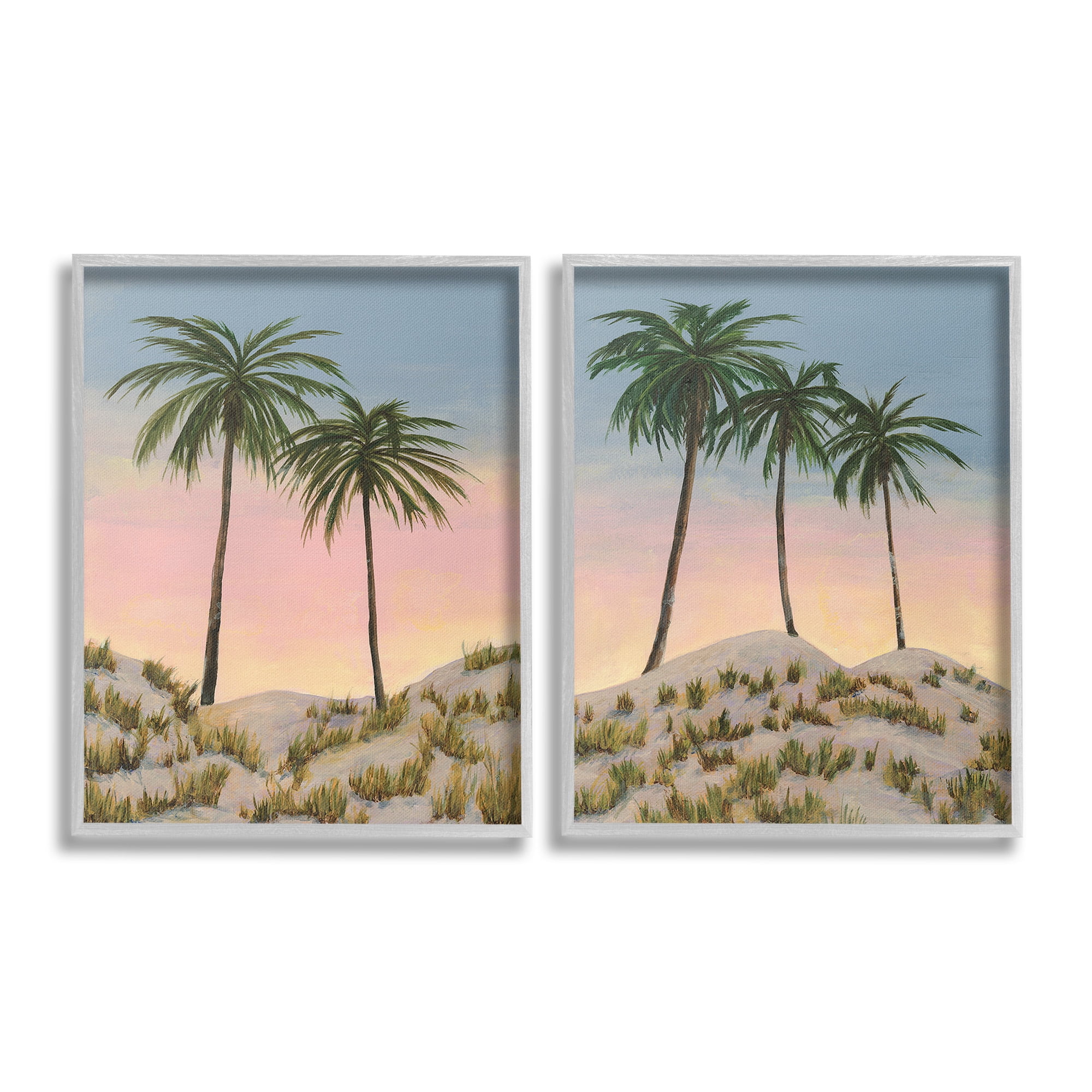Stupell Industries Sunrise Tropical Scene Landscape Painting Gray Framed Art Print Wall Art, 24 x 30, Set of 2
