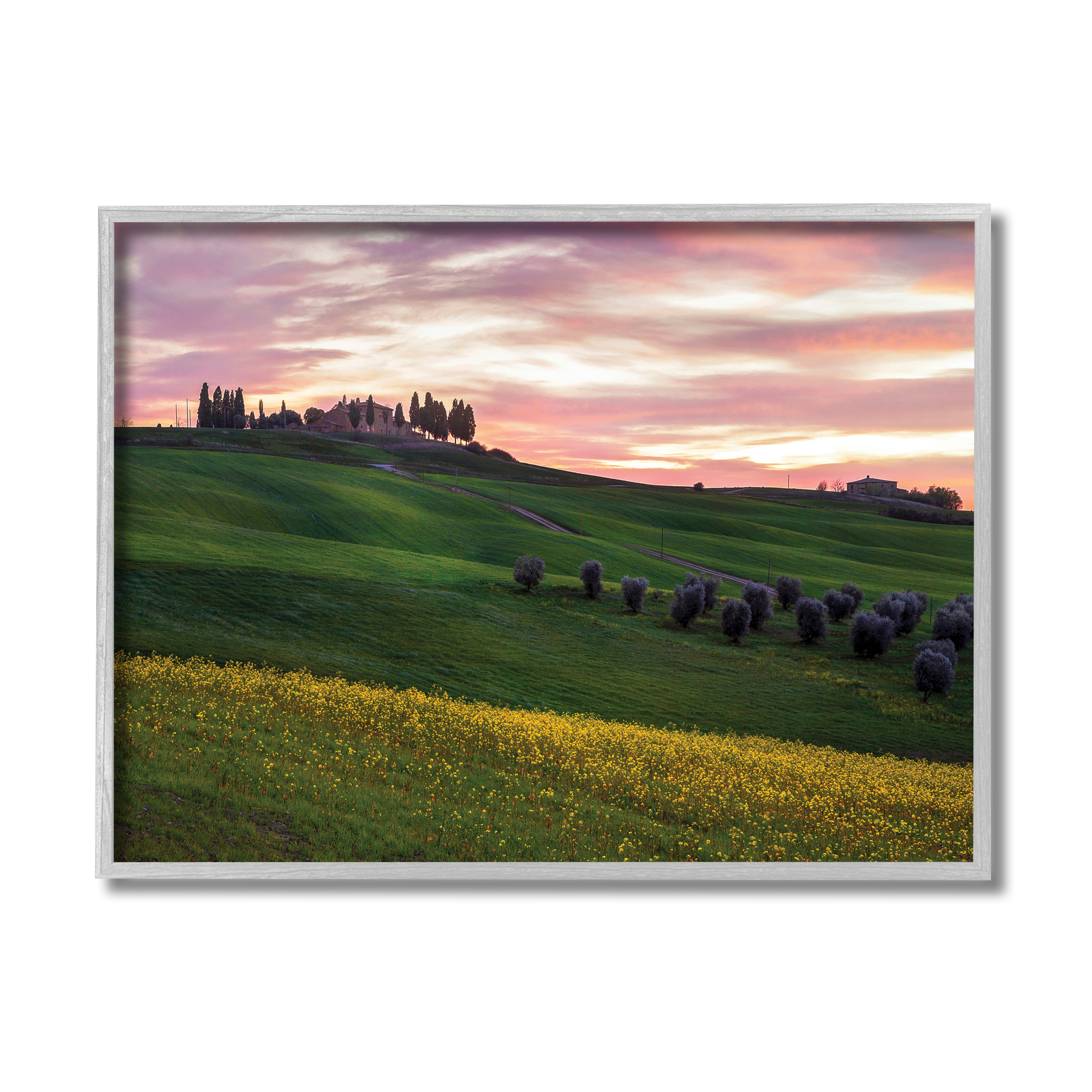 Stupell Industries Sunrise over Countryside Hills Yellow Floral Field Photography Gray Framed Art Print Wall Art, 16x20, by Dora Artemiadi