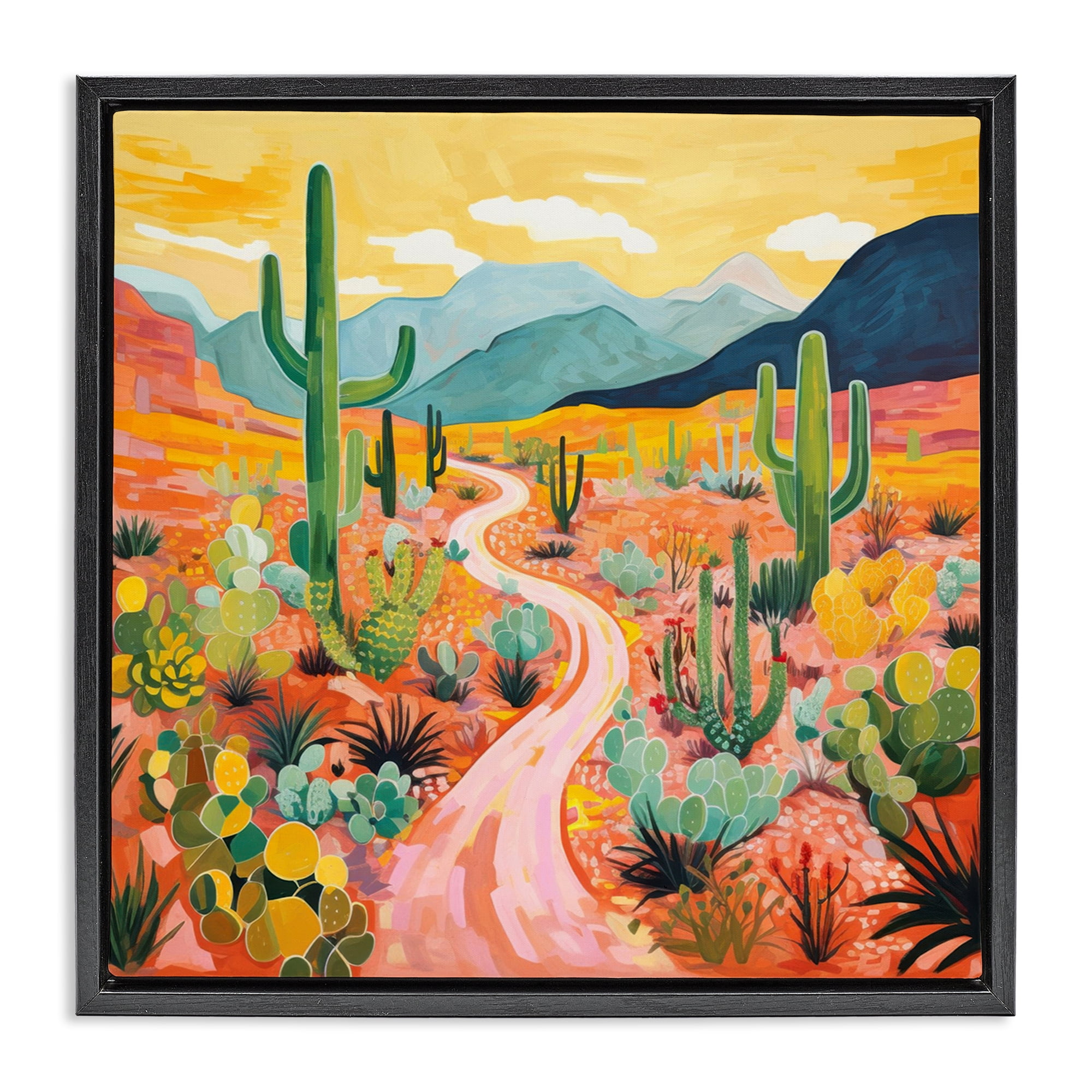 Stupell Industries Sunrise over Desert Path Landscape & Nature Painting Black Floater Framed Canvas Art Print Wall Art, 18 x 18