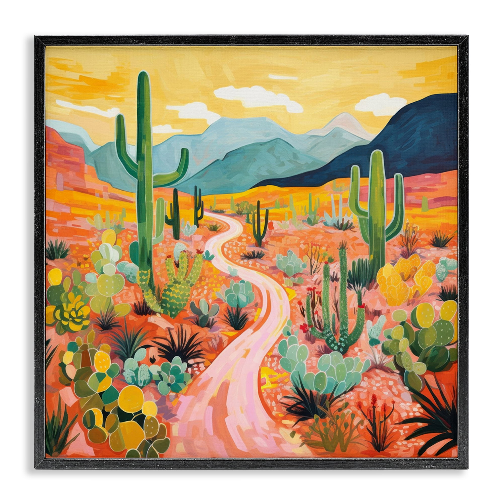 Stupell Industries Sunrise over Desert Path Landscape & Nature Painting Black Framed Art Print Wall Art, 24 x 24