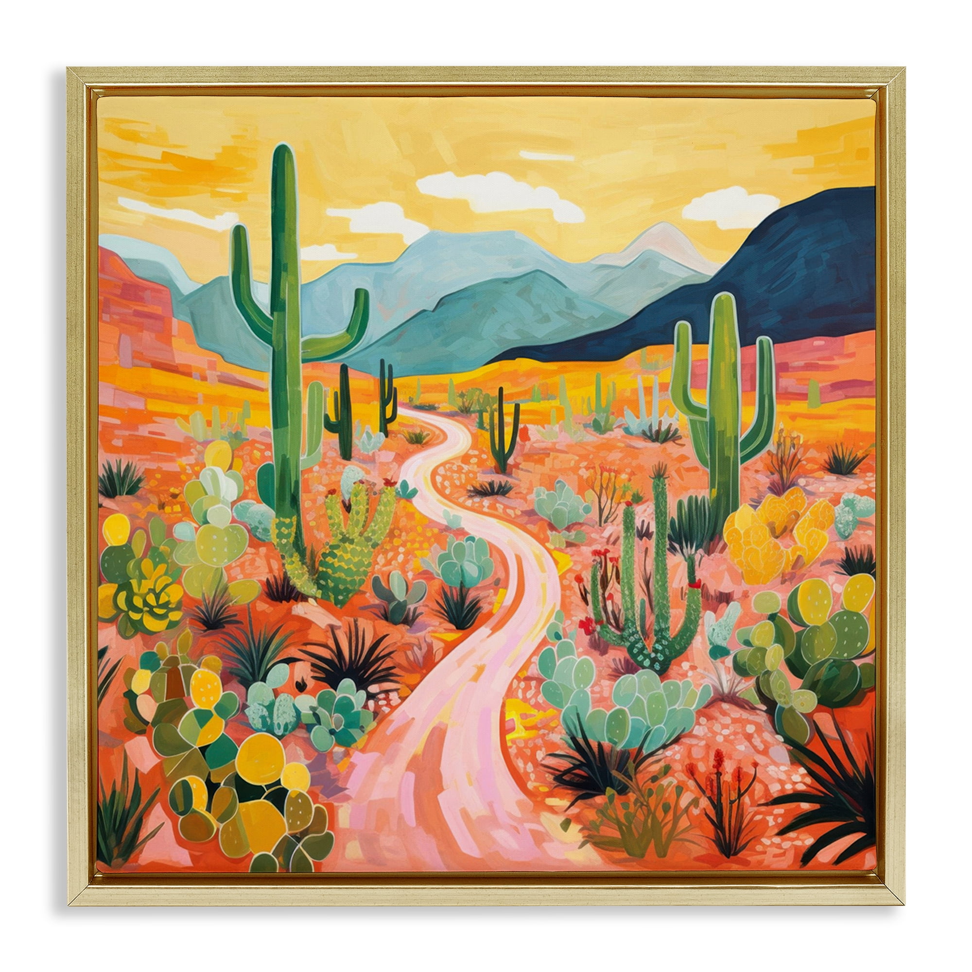 Stupell Industries Sunrise over Desert Path Landscape & Nature Painting Gold Floater Framed Canvas Art Print Wall Art, 18 x 18