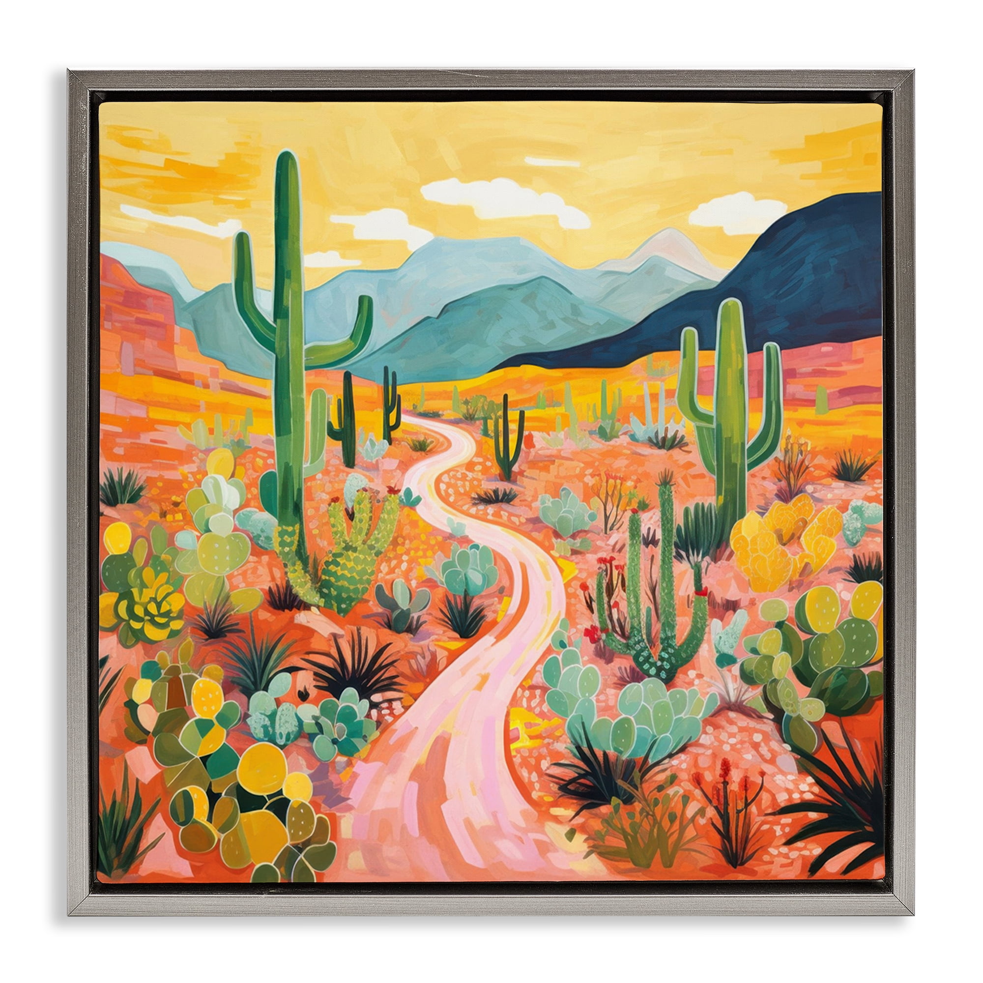 Stupell Industries Sunrise over Desert Path Landscape & Nature Painting Gray Floater Framed Canvas Art Print Wall Art, 18 x 18
