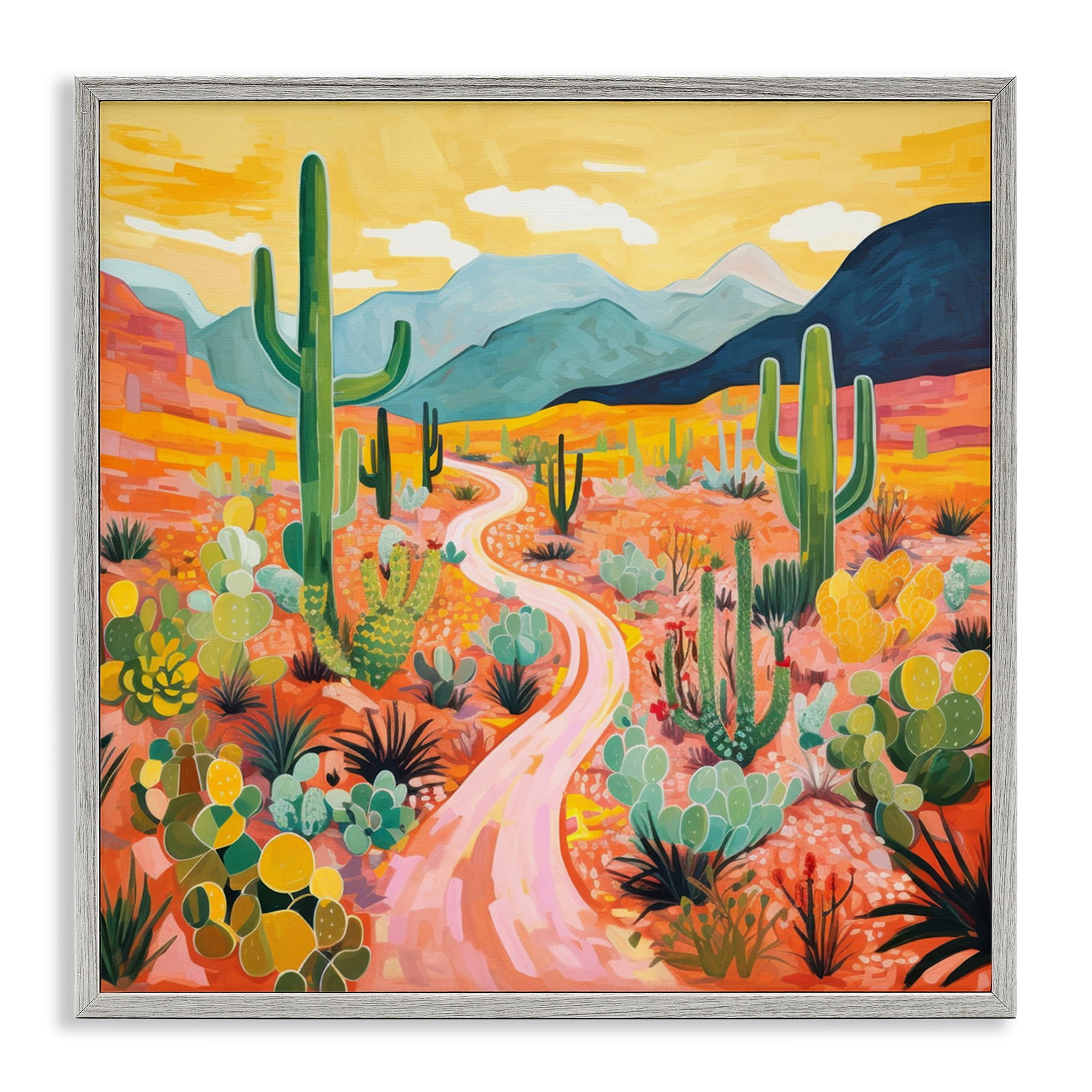 Stupell Industries Sunrise over Desert Path Landscape & Nature Painting Gray Framed Art Print Wall Art, 17 x 17