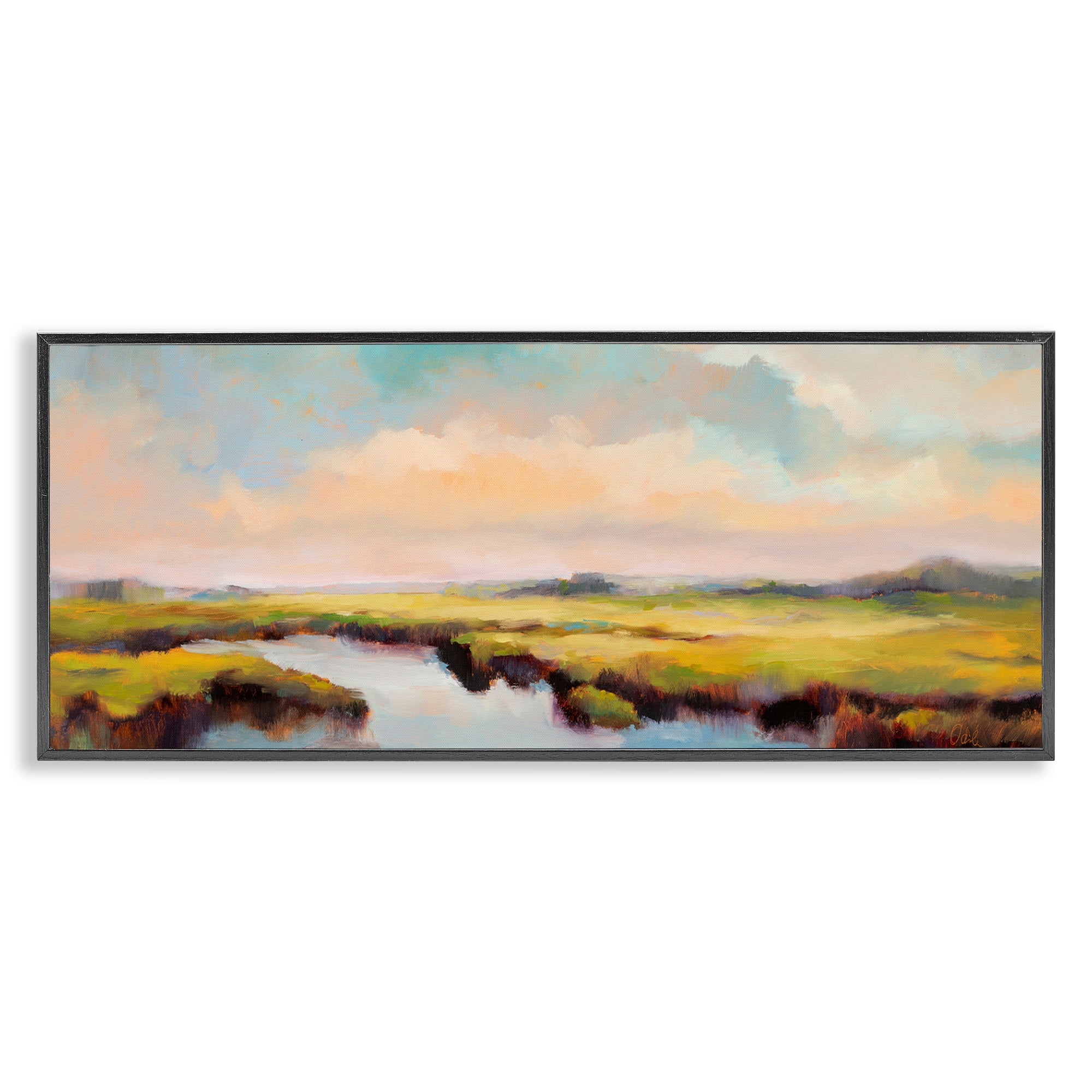 Stupell Industries Sunrise over Rural Stream Landscape & Nature Painting Black Framed Art Print Wall Art, 30 x 13