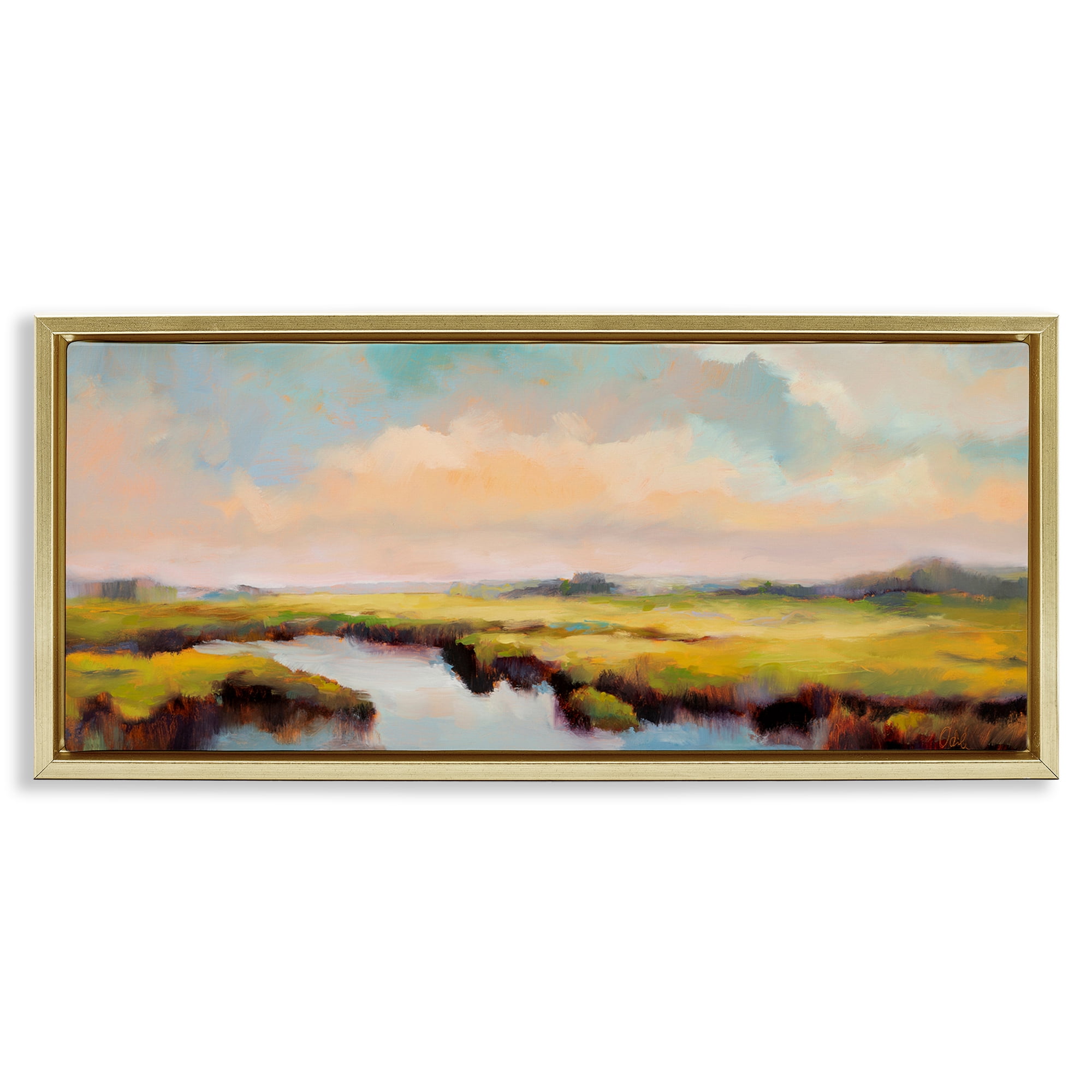 Stupell Industries Sunrise over Rural Stream Landscape & Nature Painting Gold Floater Framed Canvas Art Print Wall Art, 25 x 11