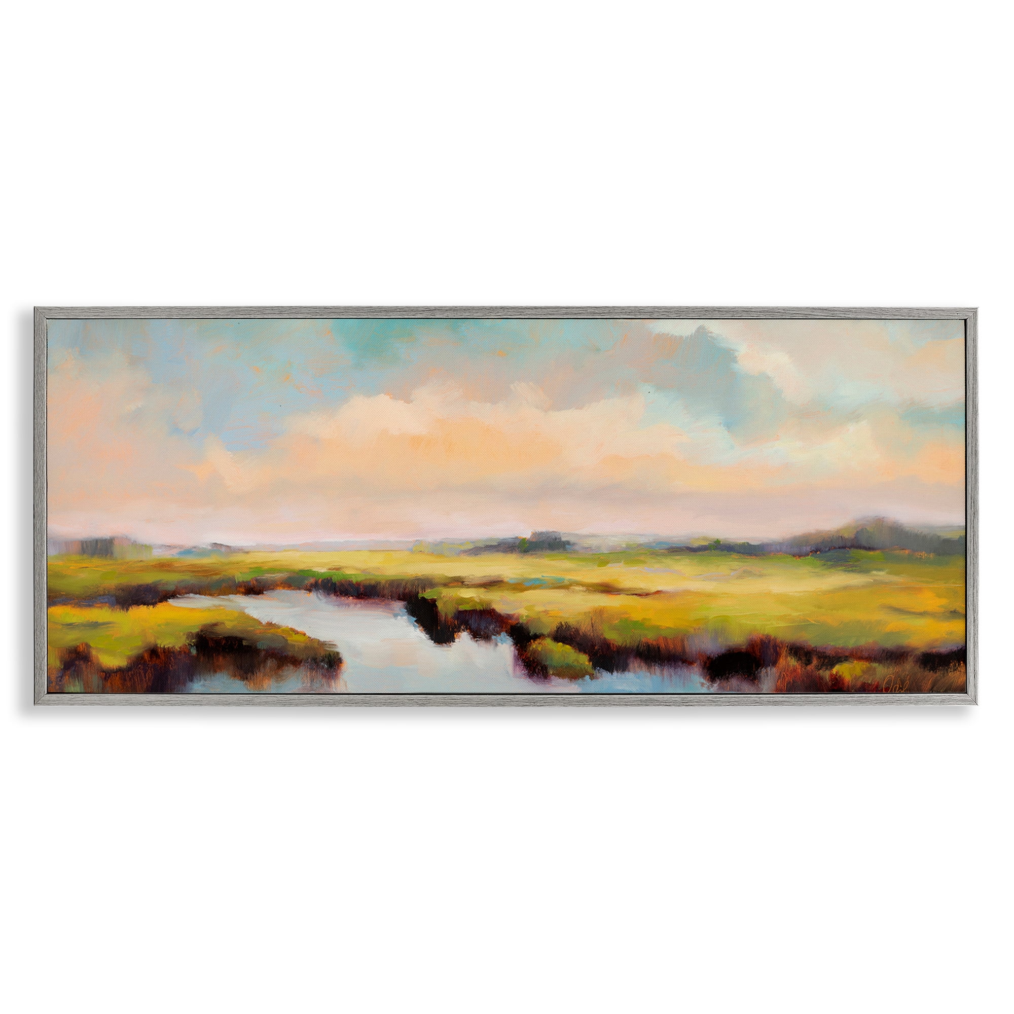Stupell Industries Sunrise over Rural Stream Landscape & Nature Painting Gray Framed Art Print Wall Art, 24 x 10