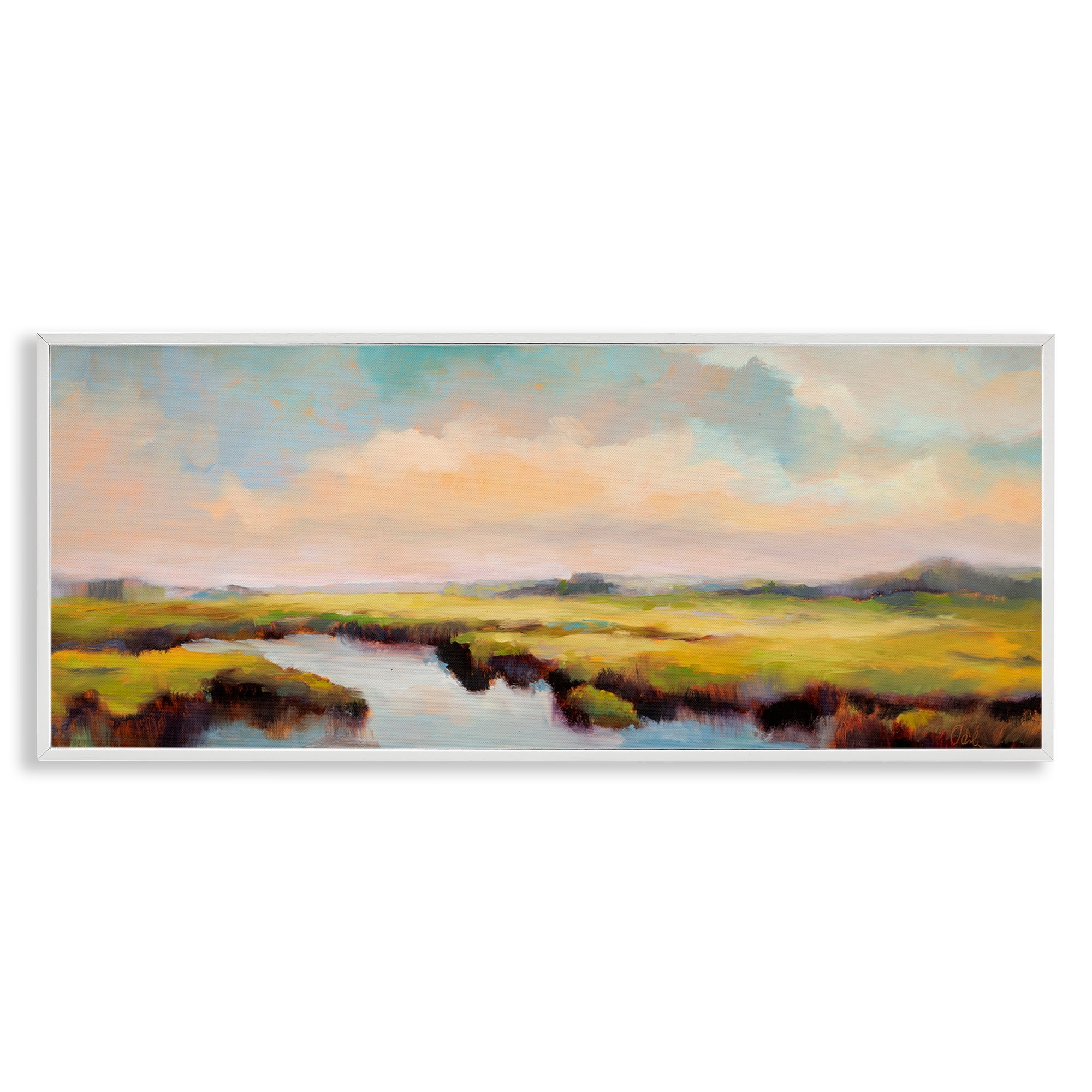 Stupell Industries Sunrise over Rural Stream Landscape & Nature Painting White Framed Art Print Wall Art, 30 x 13