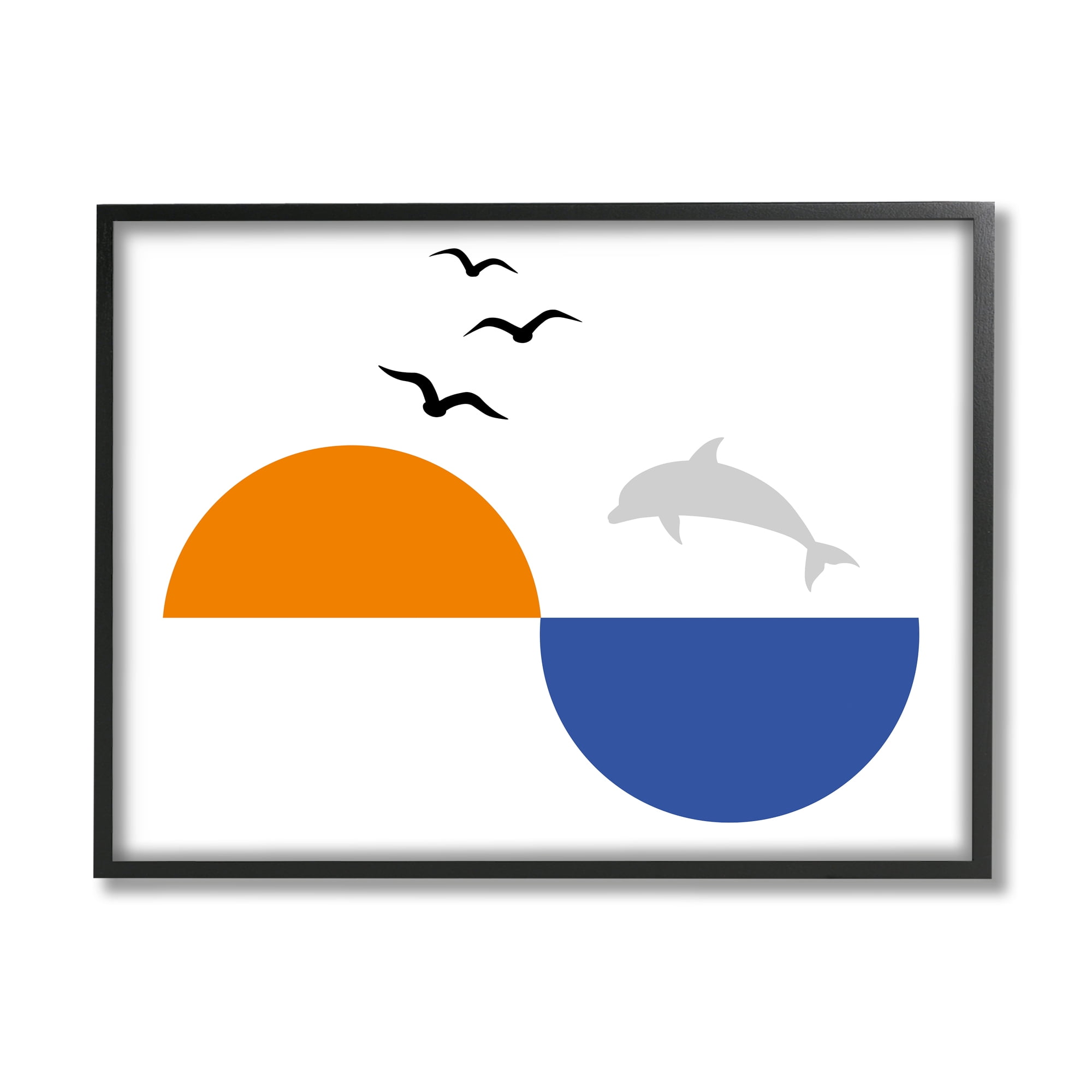 Stupell Industries Sunset Balance Asymmetrical Ocean Horizon Dolphin Jump Abstract Painting Black Framed Art Print Wall Art, 24 x 30