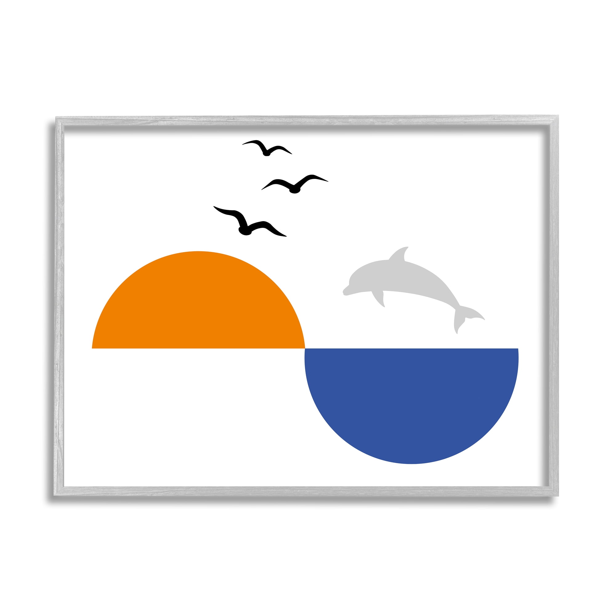 Stupell Industries Sunset Balance Asymmetrical Ocean Horizon Dolphin Jump Abstract Painting Gray Framed Art Print Wall Art, 11 x 14