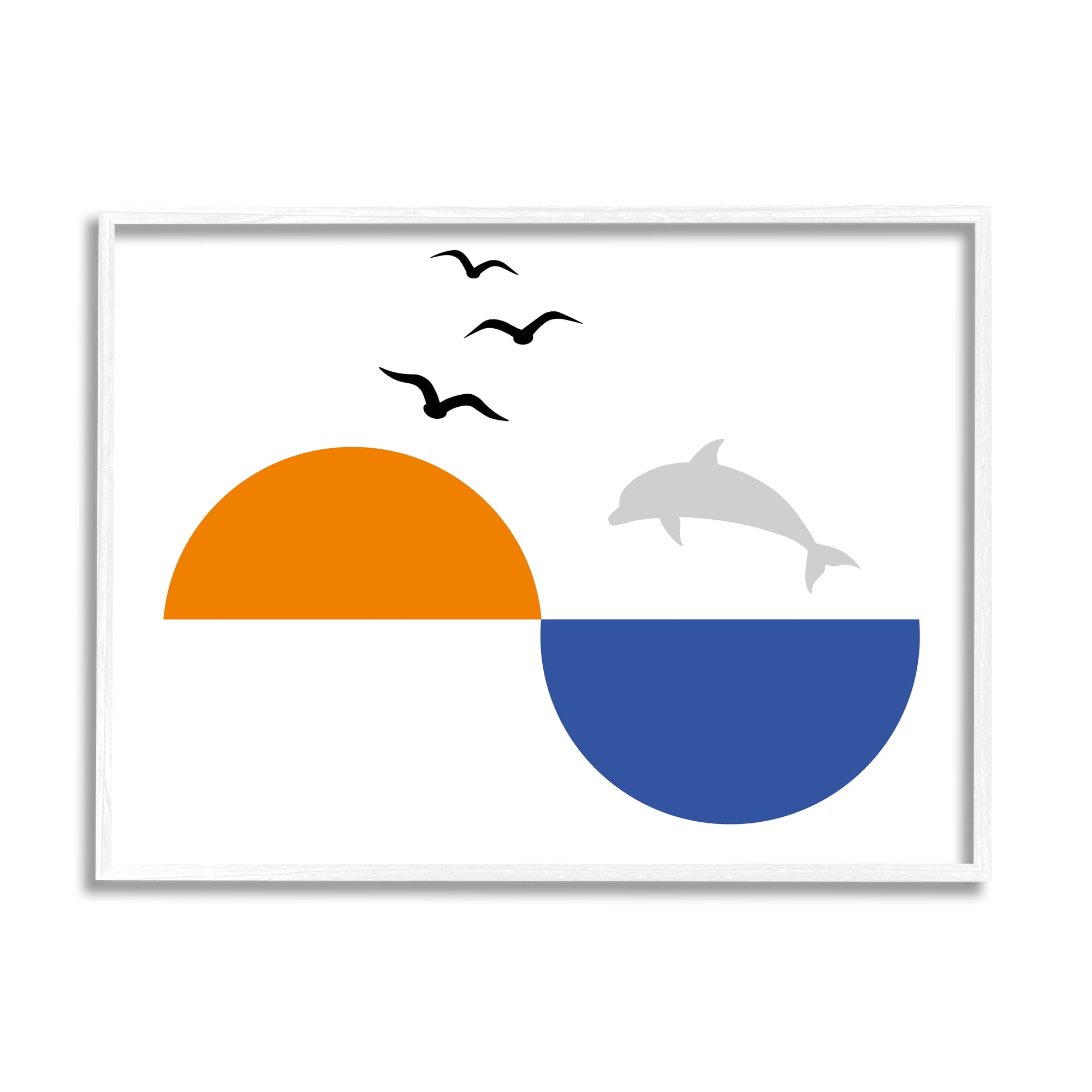 Stupell Industries Sunset Balance Asymmetrical Ocean Horizon Dolphin Jump Abstract Painting White Framed Art Print Wall Art, 16 x 20
