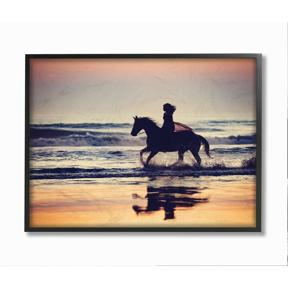 Stupell Industries Sunset Beach Horseback Rider Female Silhouette Framed Wall Art Design by PHBurchett, 16" x 20", Black Framed