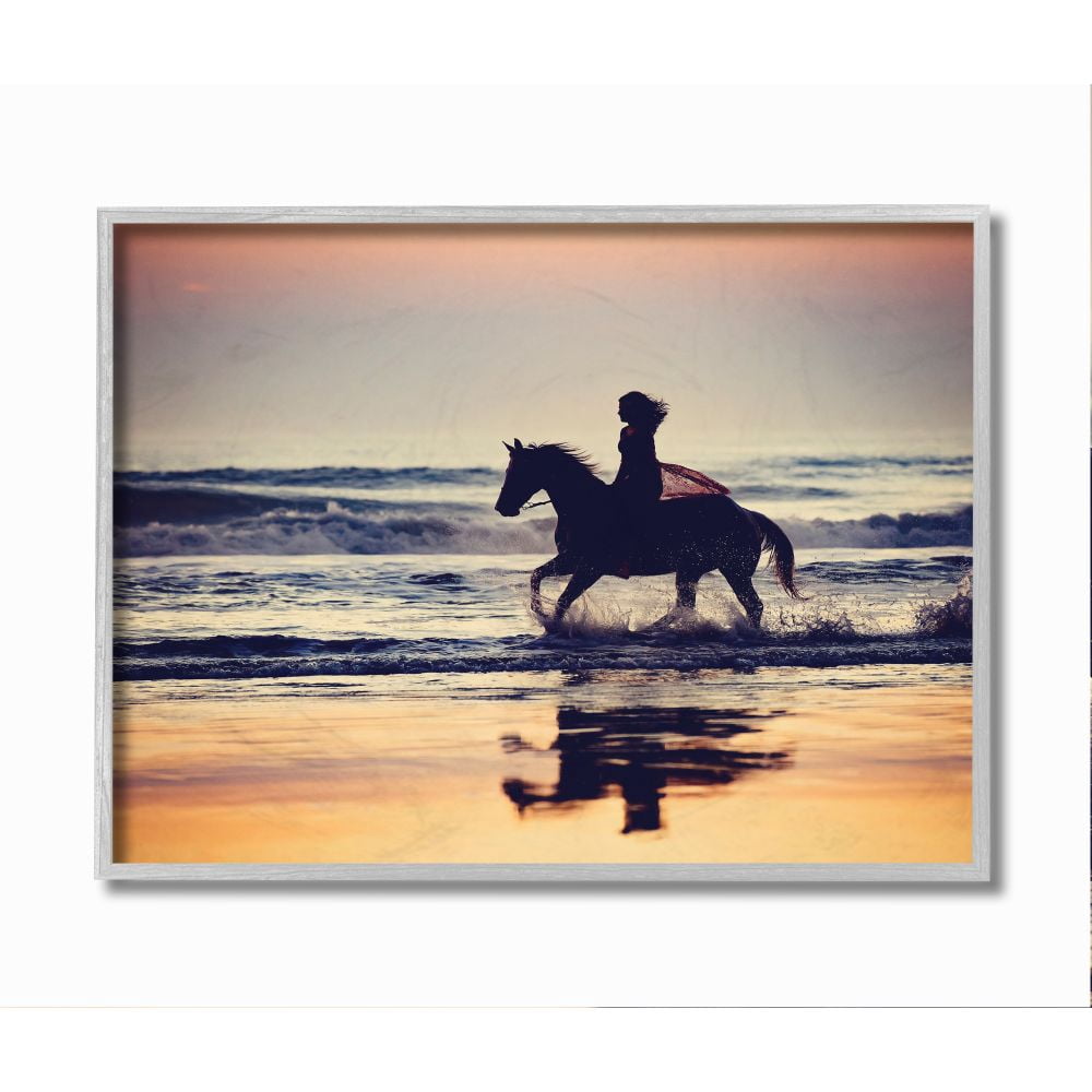 Stupell Industries Sunset Beach Horseback Rider Female Silhouette Framed Wall Art Design by PHBurchett, 16" x 20", Gray Framed