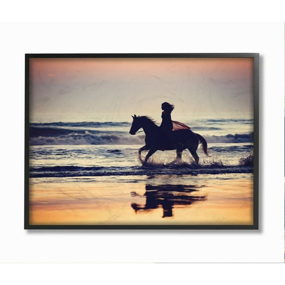 Stupell Industries Sunset Beach Horseback Rider Female Silhouette Framed Wall Art Design by PHBurchett, 24" x 30", Black Framed