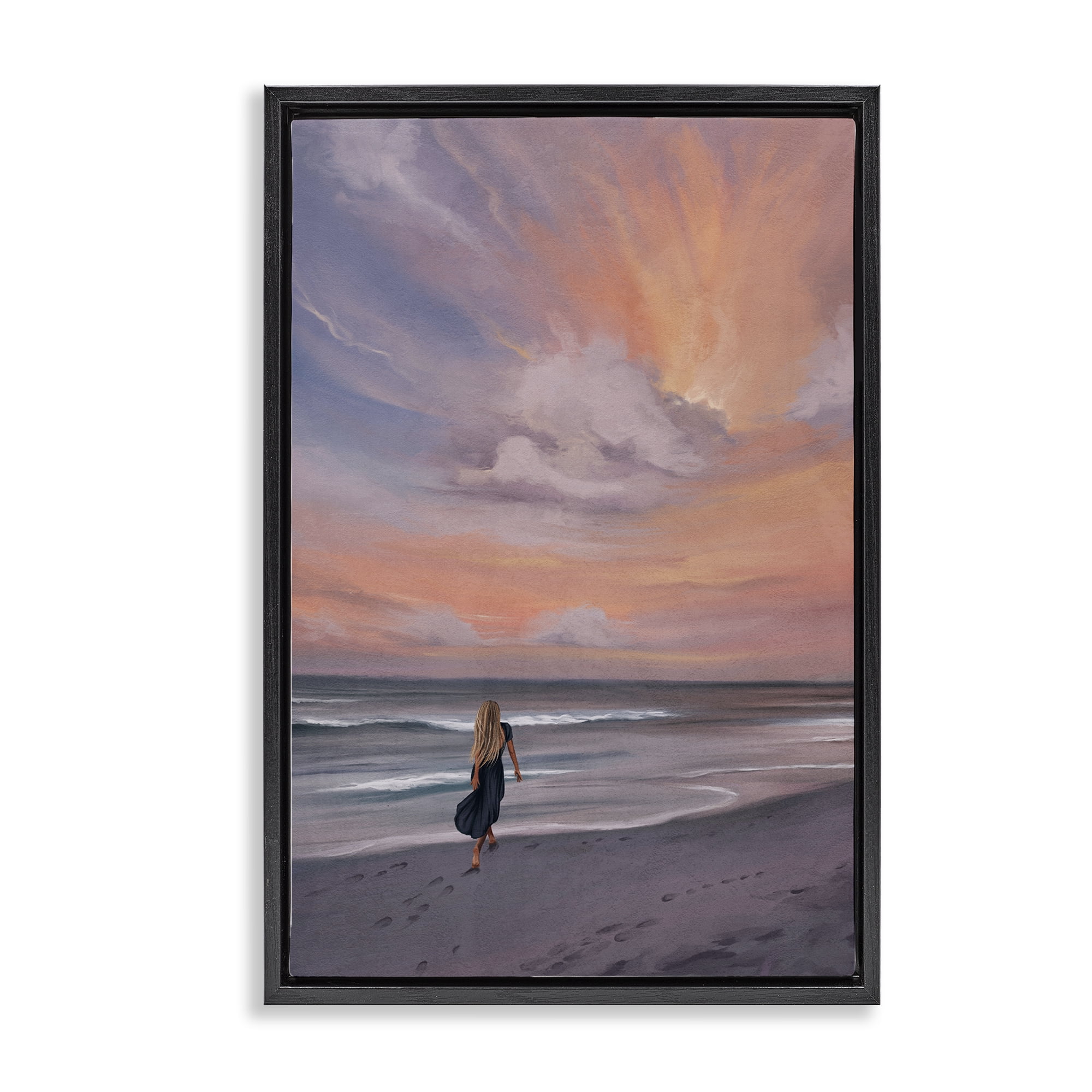 Stupell Industries Sunset Beach Walk Nautical & Beach Painting Black Floater Framed Canvas Art Print Wall Art, 17 x 25