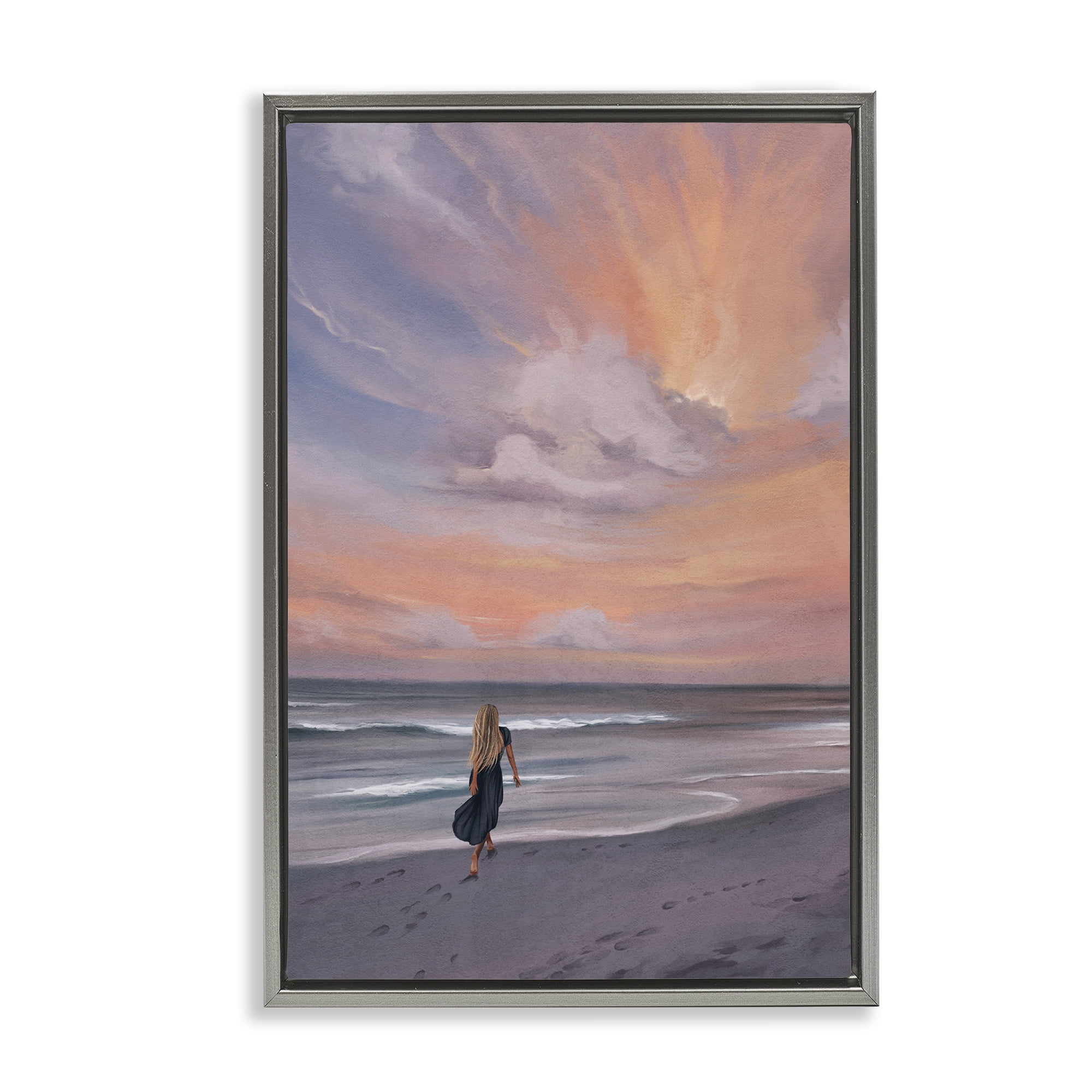 Stupell Industries Sunset Beach Walk Nautical & Beach Painting Gray Floater Framed Canvas Art Print Wall Art, 21 x 31