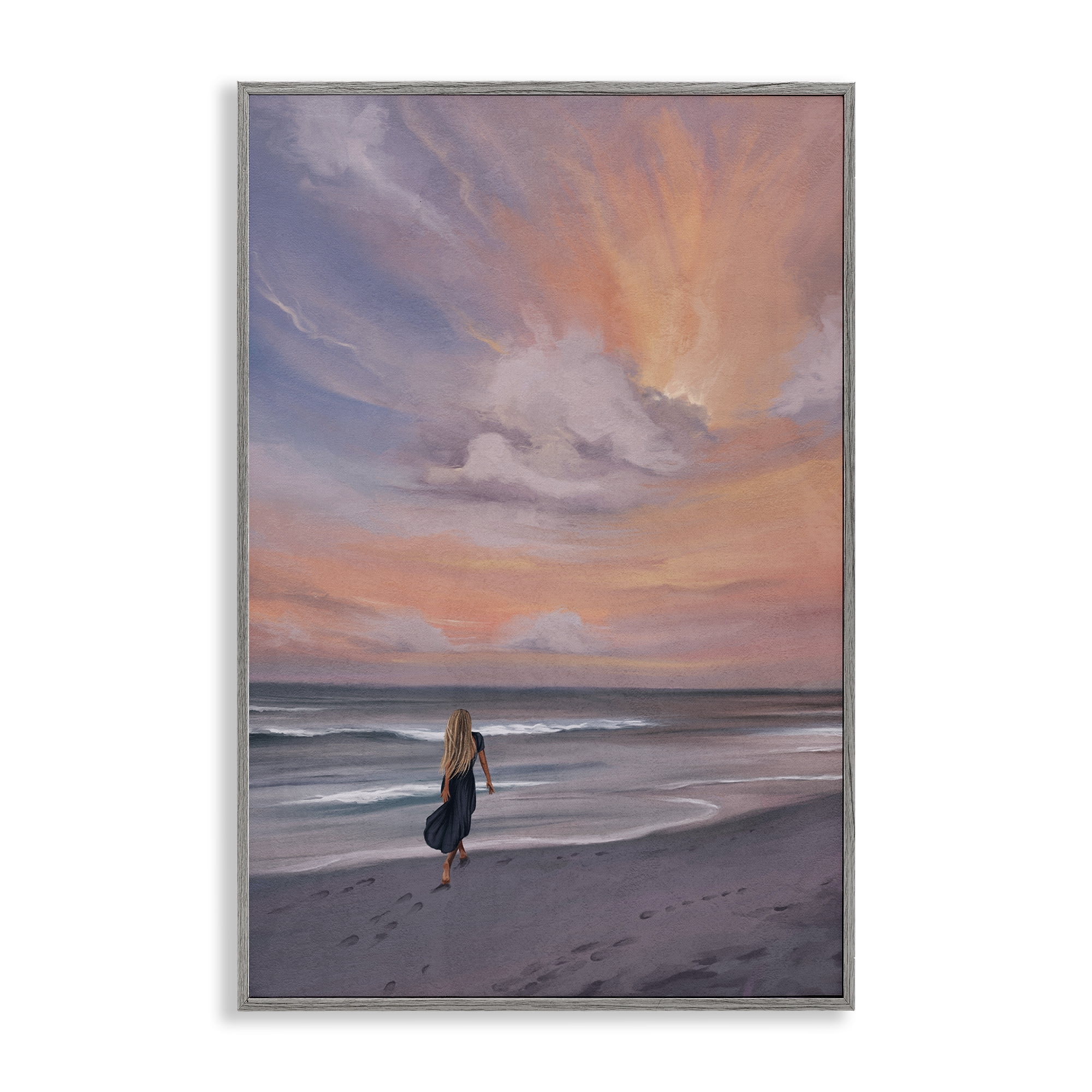 Stupell Industries Sunset Beach Walk Nautical & Beach Painting Gray Framed Art Print Wall Art, 20 x 30