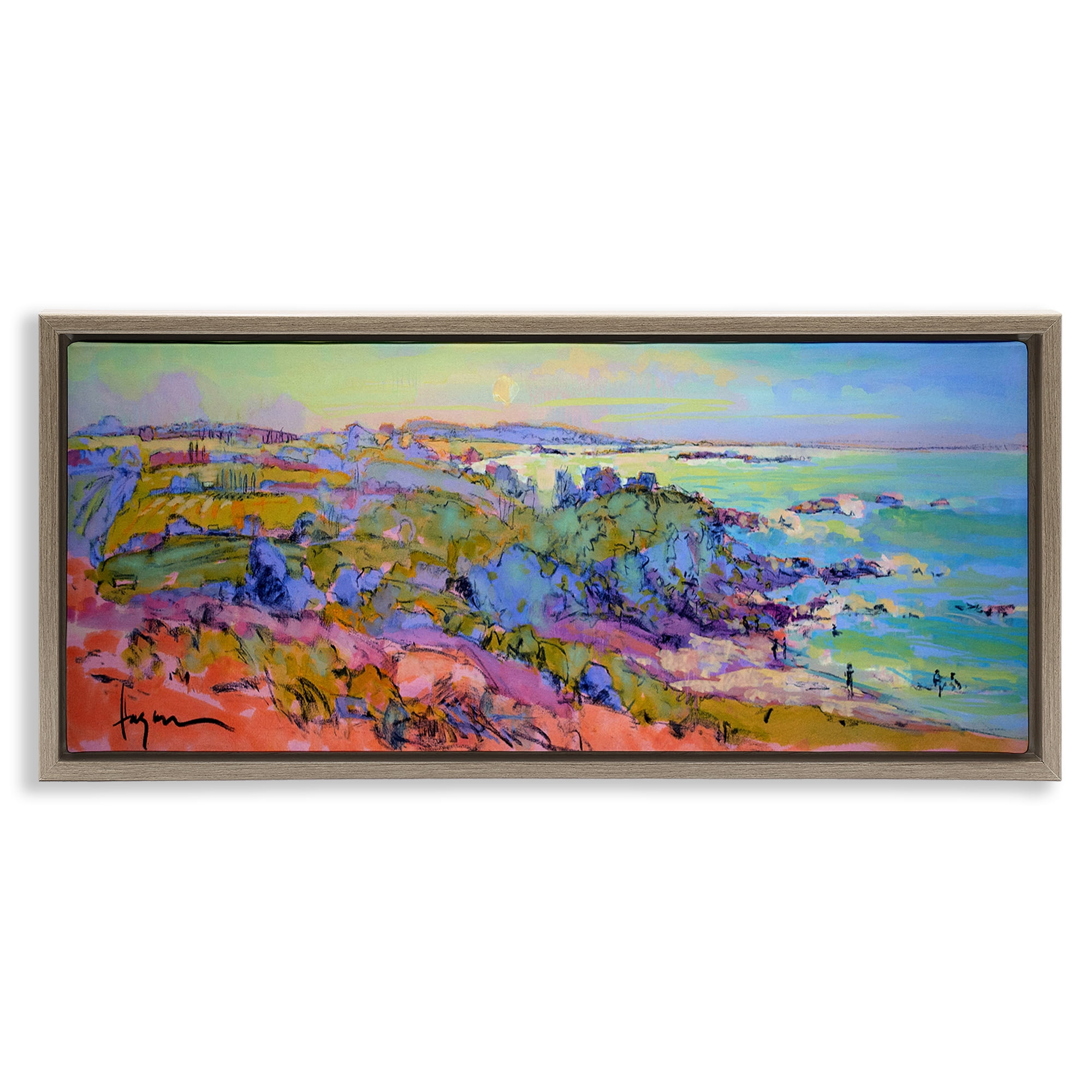 Stupell Industries Sunset Beachgoers View Landscape & Nature Painting Brown Floater Framed Canvas Art Print Wall Art, 25 x 11