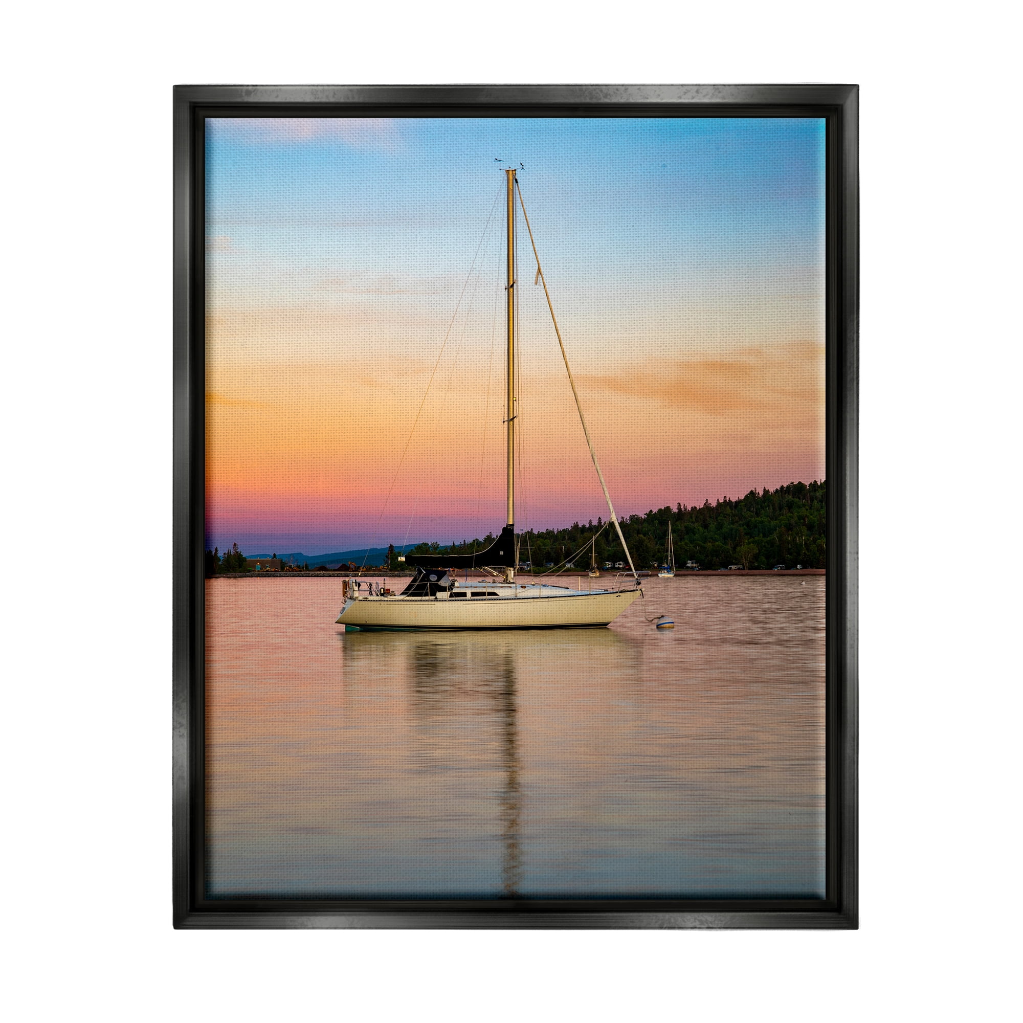 Stupell Industries Sunset Boat Photography Transportation Photography Black Floater Framed Canvas Art Print Wall Art, 17 x 21